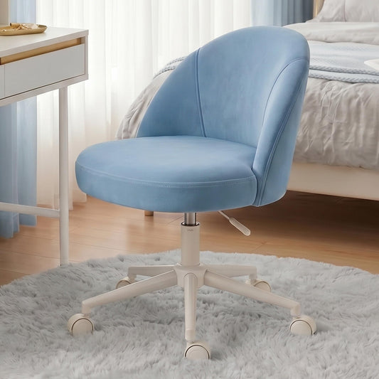 EnHomee Velvet Vanity Chair with Wheels, Armless, Height Adjustable, Blue