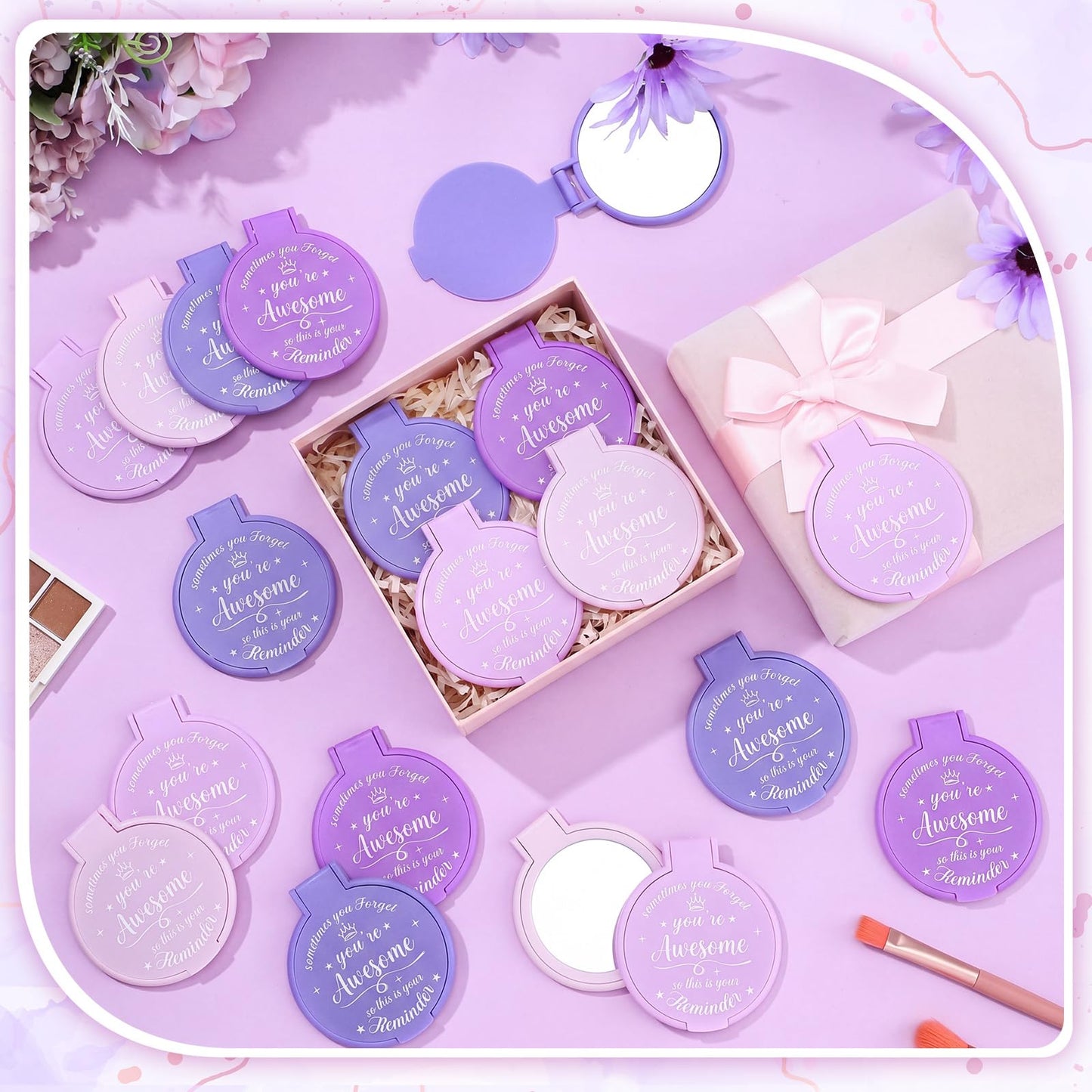 Gulfmew 100 Pcs 2.76 Inch Inspirational Compact Mirror Bulk Women Small Gifts Graduation Mothers Day Party Favors Purse Mirror Pocket Mini Items for Adult Coworker Cheerleader Swag Bag (Purple Series)