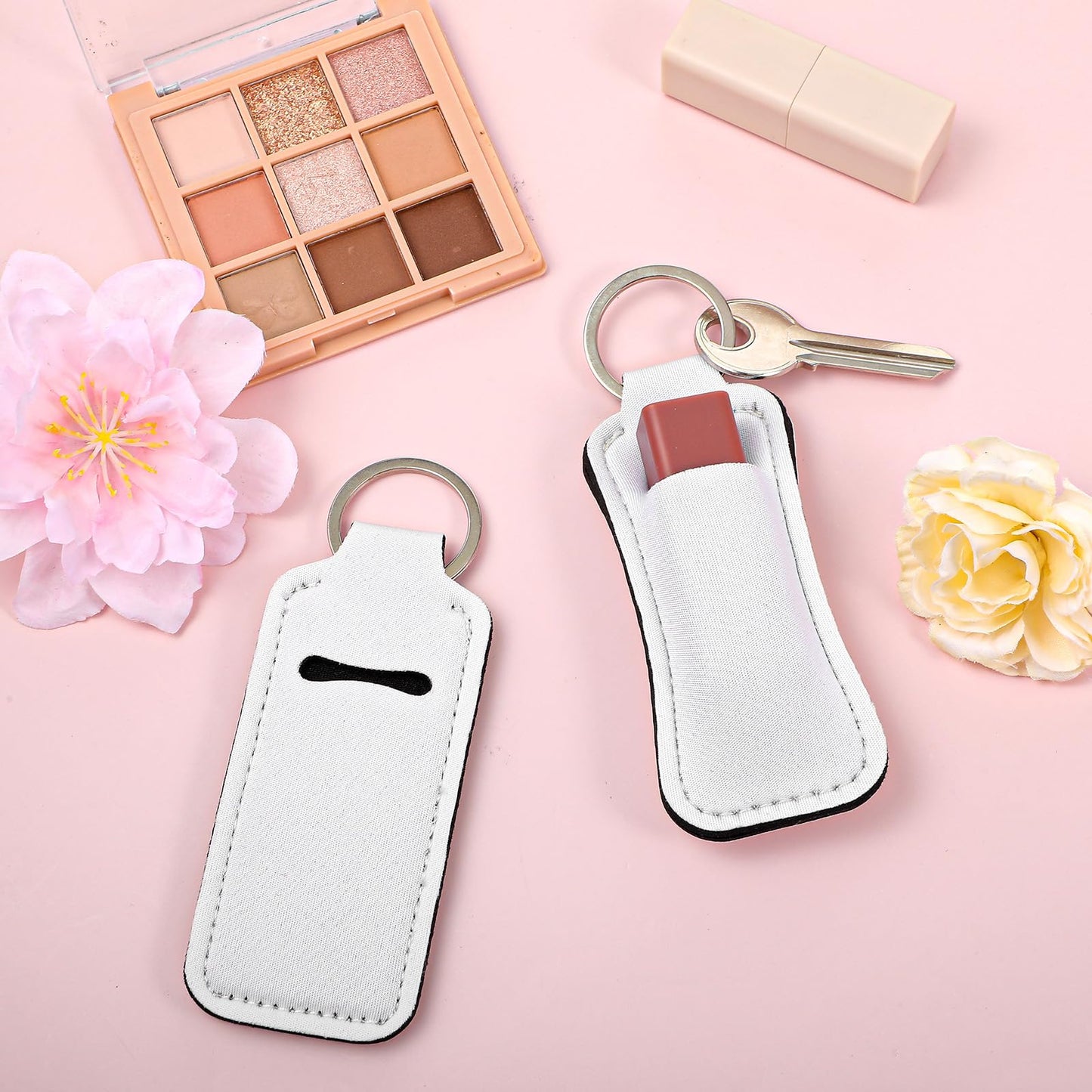 Pafeooui 48 Pcs Sublimation Lip Balm Keychain Holder, Blanks Neoprene Lipstick Protective Cases for Women DIY Travel Crafts White