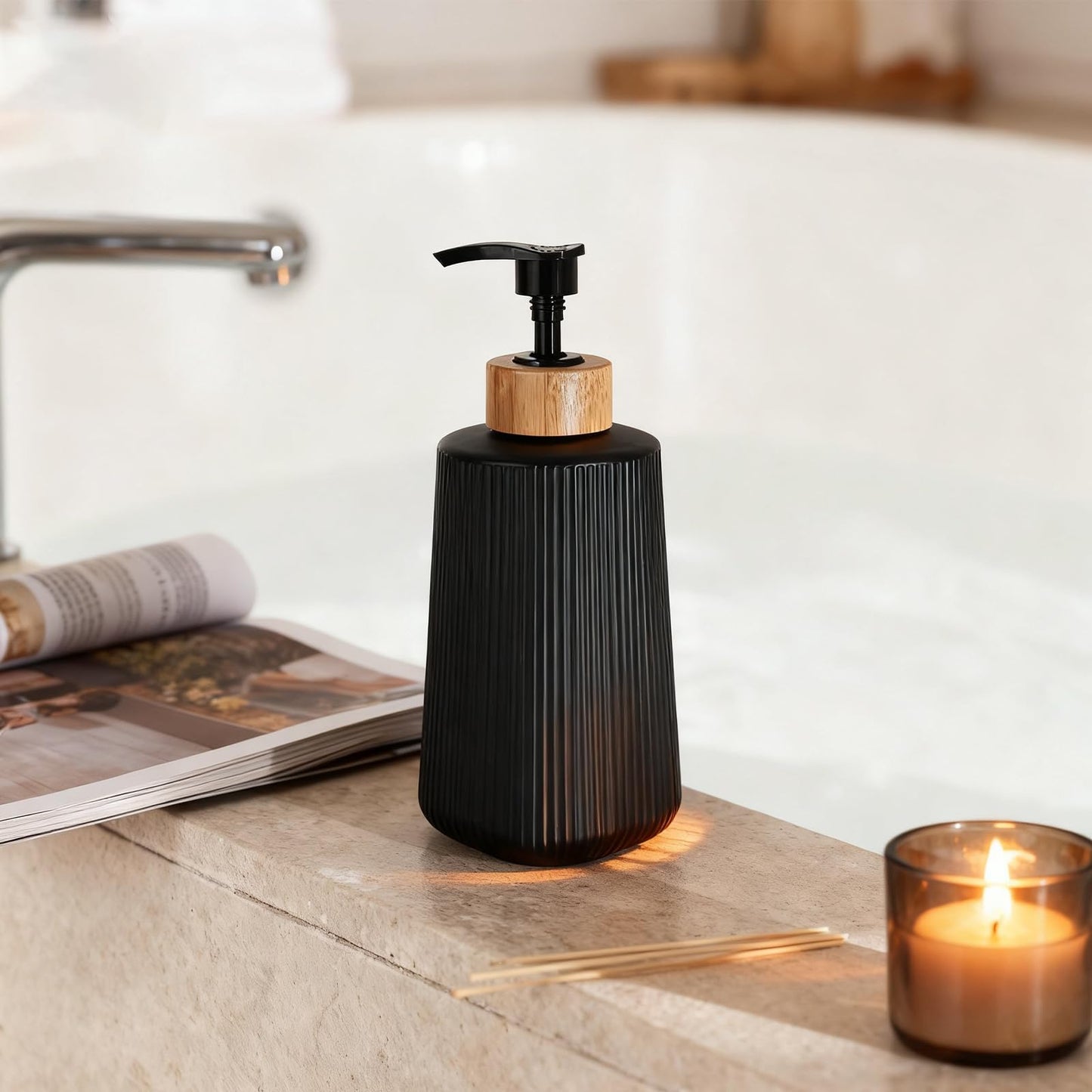 Glass Soap Dispenser, Thickened Glass Hand Soap Dispenser for Bathroom, Kitchen Dish Washing Liquid Bottles, Shampoo and Conditioner Bottles, Modern Farmhouse Style (Black, Set of 2, 12oz)