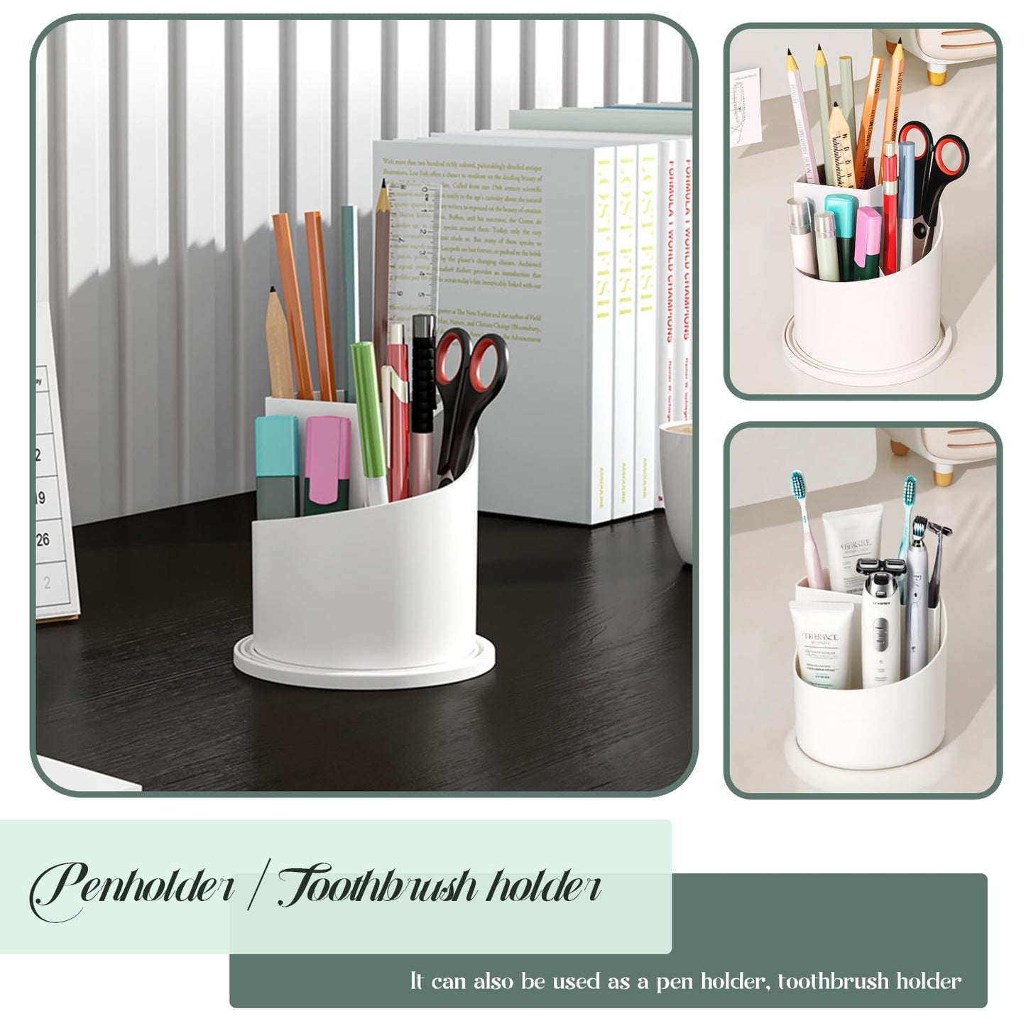 Birdcage Shape Makeup Brush Holder with Vertical Striped Cover, 360° Rotating Dust-Proof Organizer, Large Capacity Cosmetic & Toothbrush Storage for Vanity, Bathroom Countertop (Transparent Green)