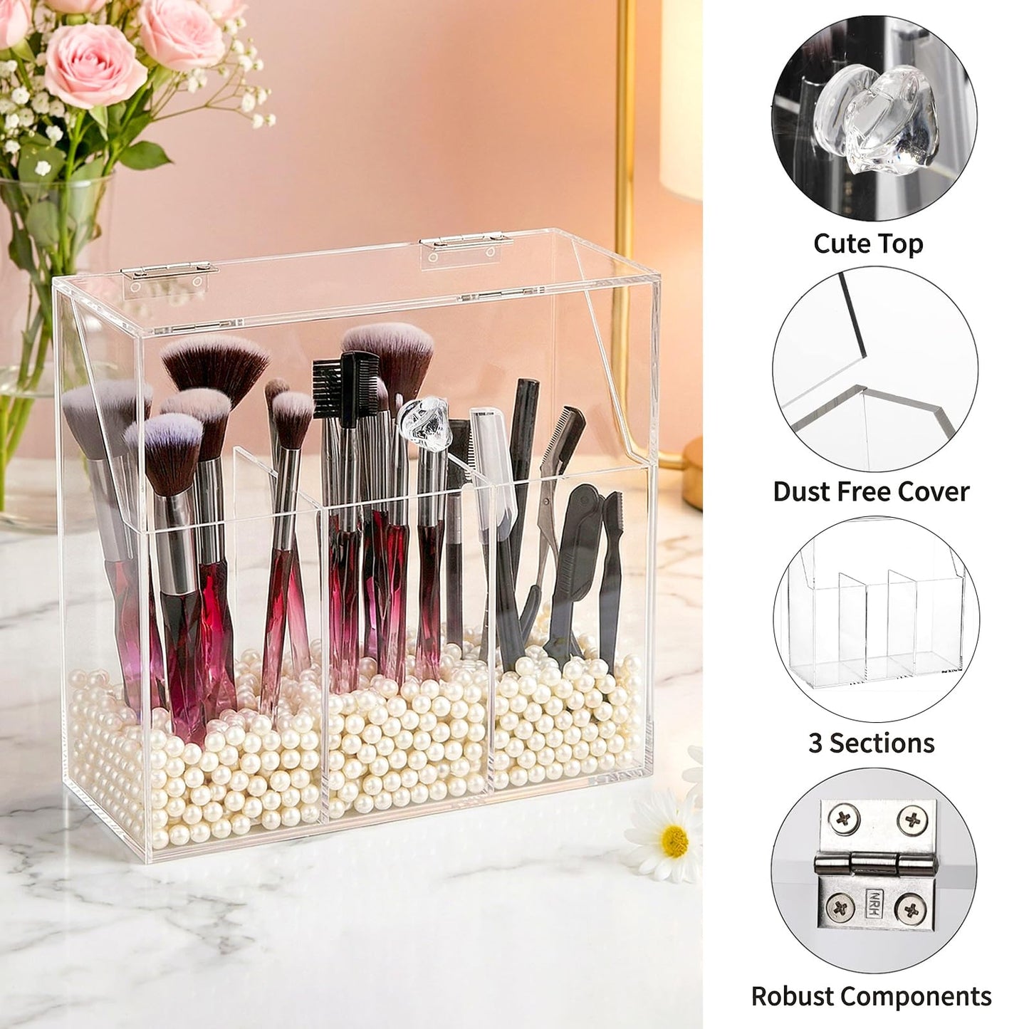 Okllen Makeup Brush Holder with Dustproof Lid, White Pearls, Acrylic Clear Makeup Brush Organizer with 3 Compartment, Large Cosmetic Brush Storage Box Case for Vanity, Bathroom, Bedroom