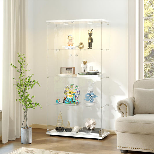 Zevemomo Tempered Glass Display Cabinet with Lights, 4-Tier Curio Cabinet with Glass Doors and Lock, Glass Display Case for Collectibles, for Living Room, Bedroom, Office, Double Door, White