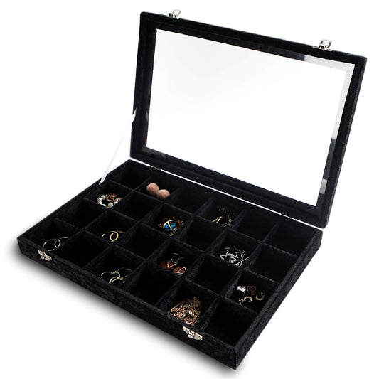 Frebeauty 24 Grid Earring Holder Organizer Tray, Jewelry Organizers and Storage for Drawer,Velvet Jewelry Display Storage for Earrings,Rings,Studs,10.5 x 6.5 x 1.2 Inches Gift for Women (Black)