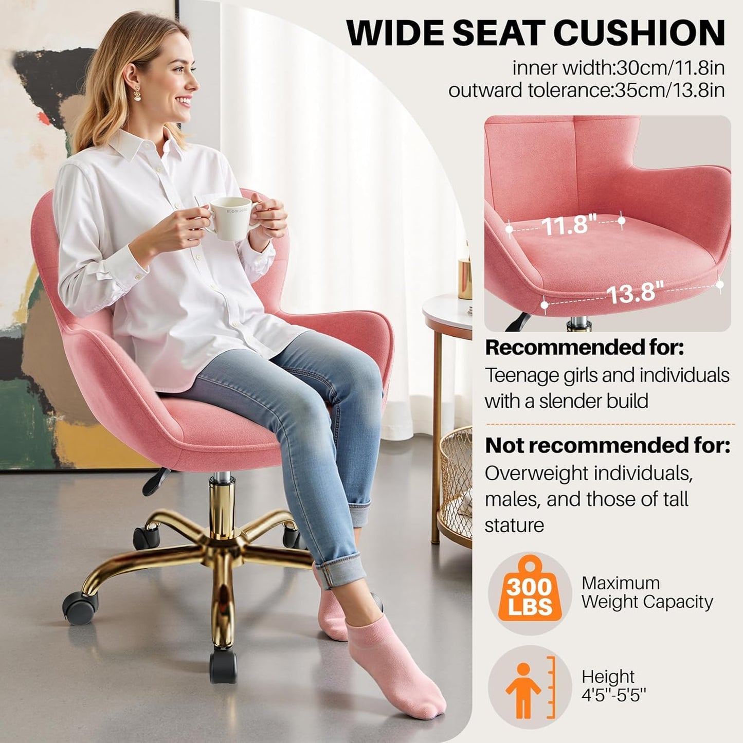 BestEra Vanity Chair with Wheels, Cute Home Office Desk Chairs Adjustable Height for Living Bedroom, Small Modern Fluffy Velvet Makeup Chair with Back for Girls (Pink)