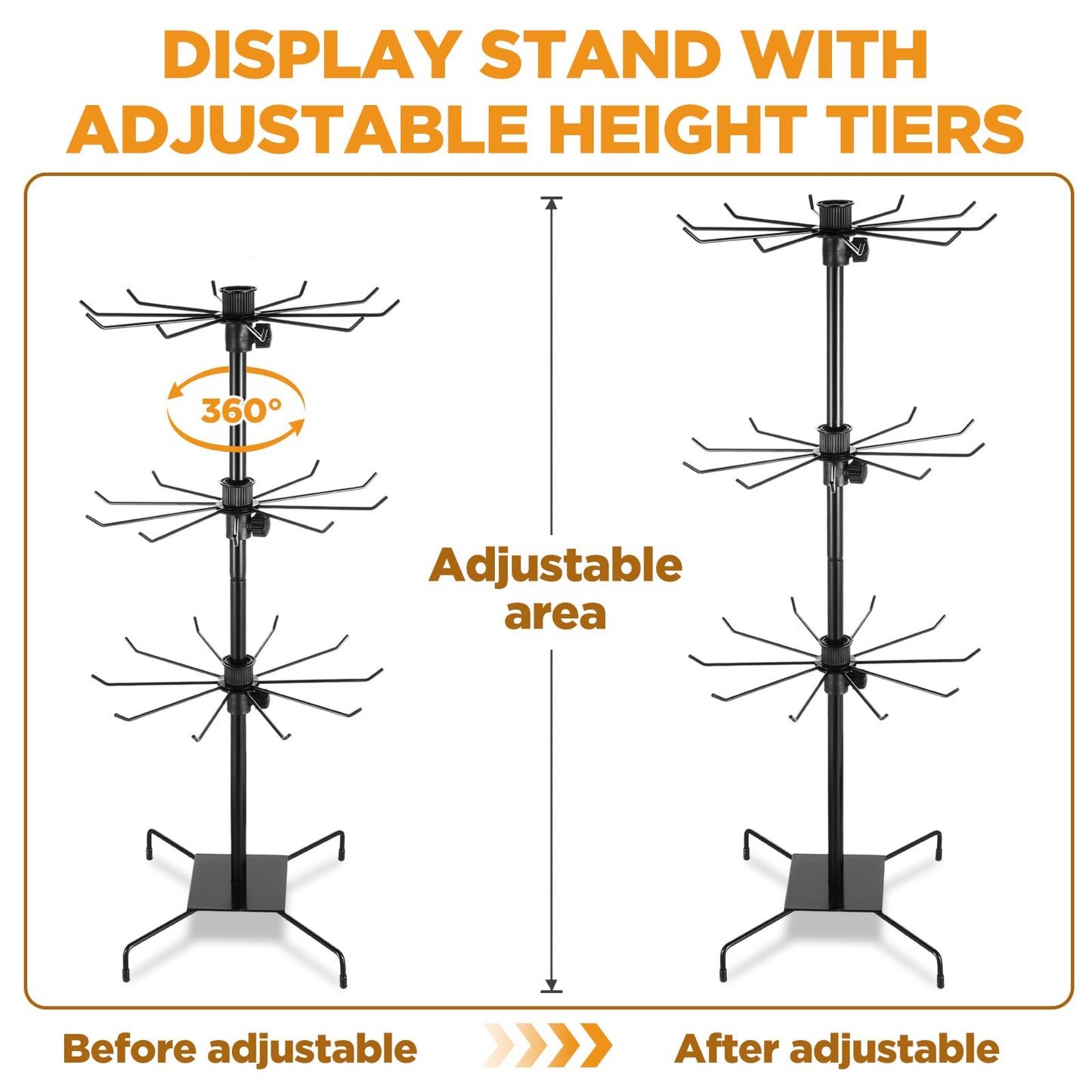 Xaajooio 2 Pcs 3 Tier Rotating Display Stand Black Metal Retail Display Stand with Hooks for Necklace, Bracelet, Earrings, and Keychains, Adjustable Height, 28.35 x 11.81 Inch