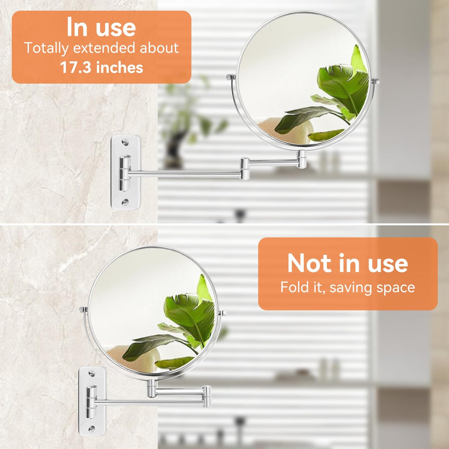 AumVum 8 inch Wall Mounted Makeup Mirror, 1X/10X Magnifying Double-Sided Wall Mount Shaving Mirror (Close-Up 10X) with Extendable Arm, 360° Swivel for Bathroom Vanity, Chrome (No Light)