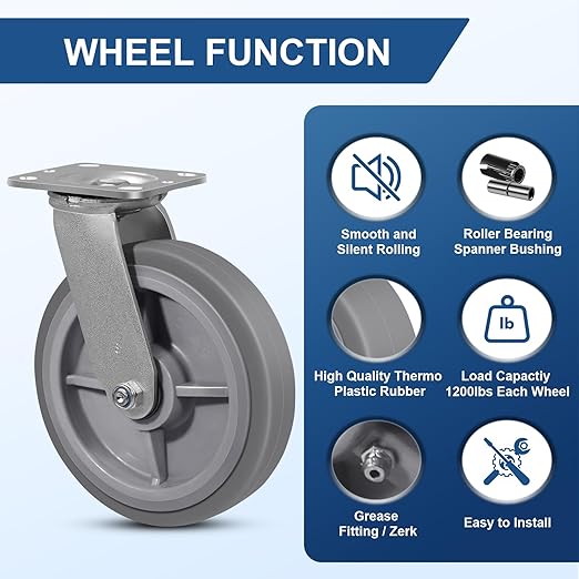 8"x2" Rubber Wheels (Flat Tread)- Heavy Duty Casters, Industrial Caster Wheels- Set of 4 with up to 4800 LB Capacity- Use for Dollies, Workbench(2 Swivel &2 Rigid)