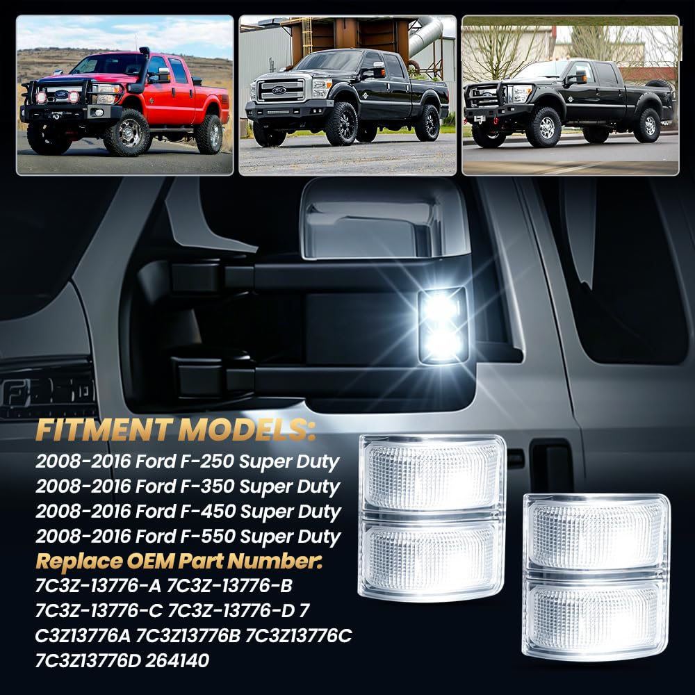 LED Mirror Lights Clear Lens White for 2008-2016 Fo'rd F250 F350 F450 F550