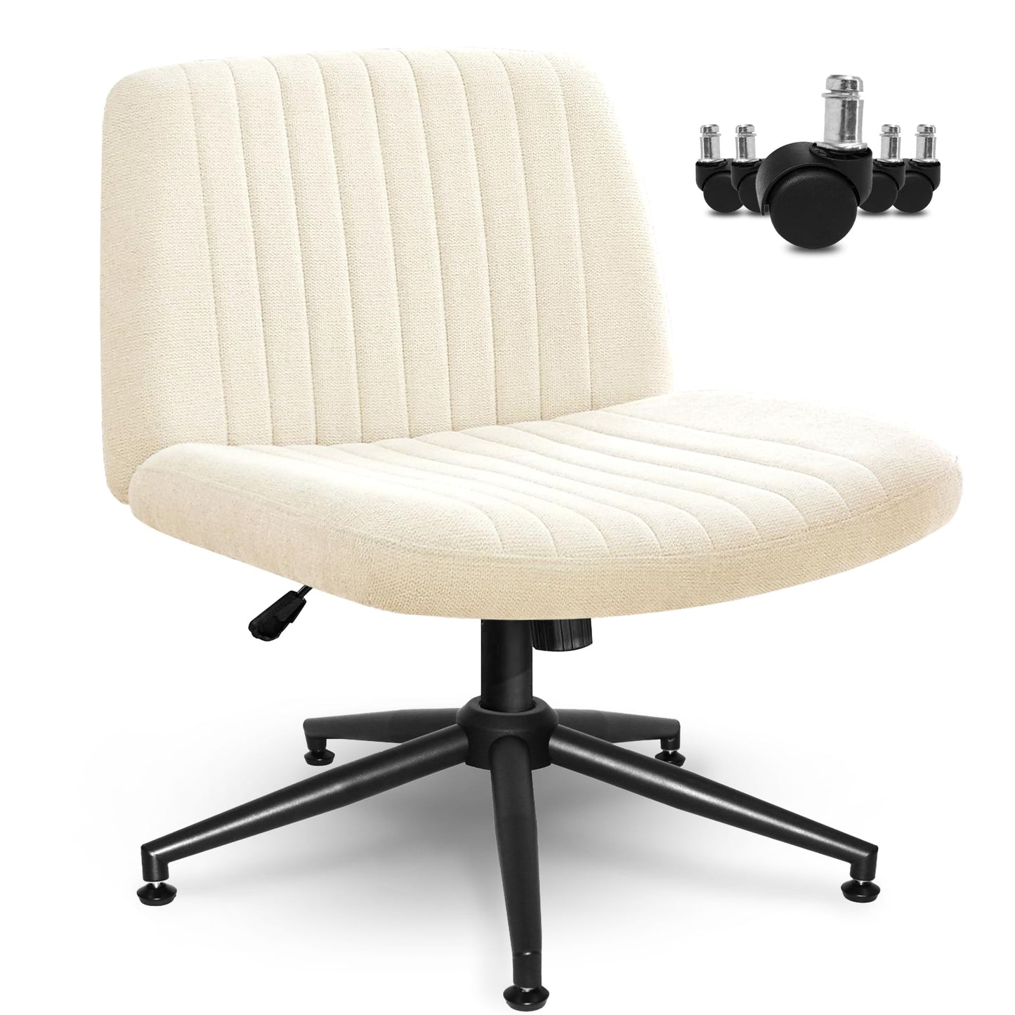 NEO CHAIR Criss Cross Chair with Wheels Armless Cross Legged Office Desk Wide Comfy Vanity Makeup Chair Adjustable Swivel Rolling Computer for Home Office Fabric (Beige)