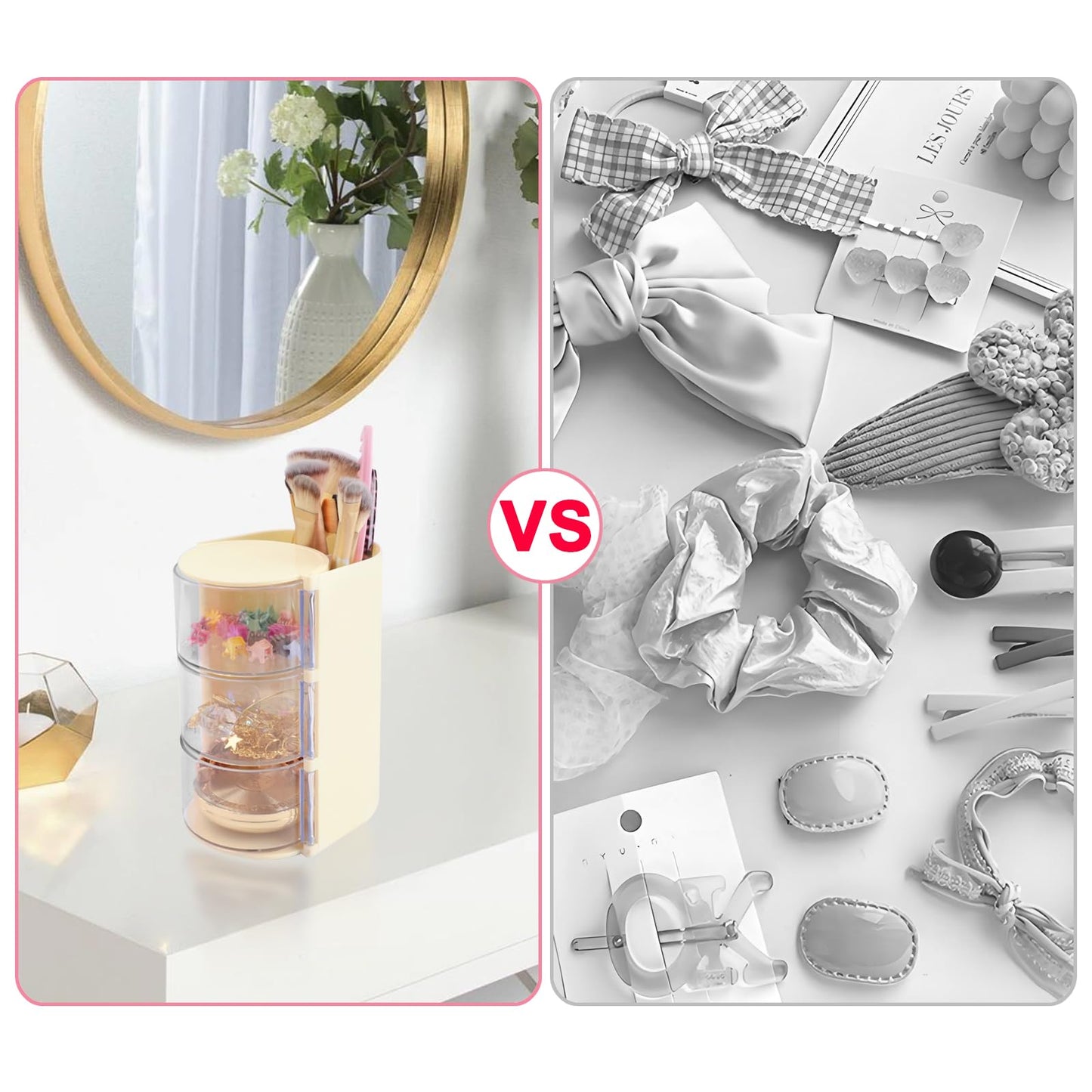 SHAIDOJIO 2Pack Hair Accessories Organizer with Hair Brushes Holder, 3-Tier Rotatable Drawer Makeup Brush Holder Small Jewelry Box with Sticker, Desktop Organizer Case for Girl Clip Earring Necklaces
