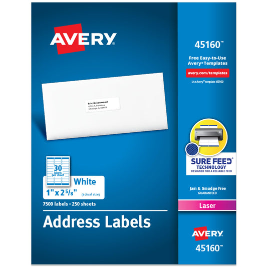Avery Easy Peel Printable Address Labels, Sure Feed Technology, 1" x 2-5/8" Customizable Stickers, White, 7,500 Blank Mailing Labels, Great for Mailing, Shipping, and More (45160)
