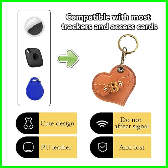 Initial Letter Leather Alphabet Keychain Holder Case Compatible with AirTag,Cute Protective Air Tag Cover with Bronze Keyring,Anti-Scratch Finder GPS Tracker Case for Pets Keys Wallet Luggage(B)