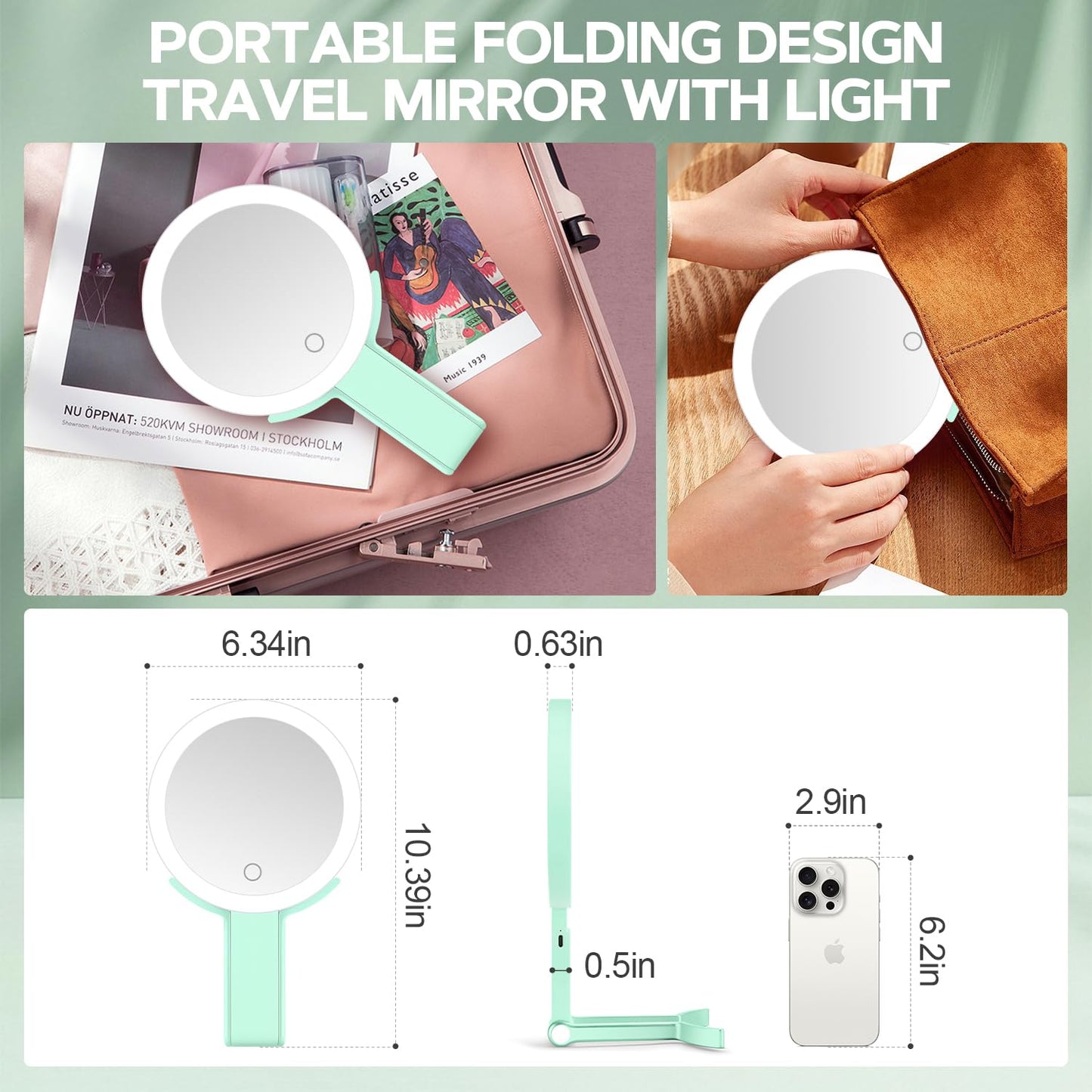 MIYADIVA Lighted Makeup Mirror, 30X Magnifying Mirror with Light, Hanging and Handheld Mirror with Handle, Green