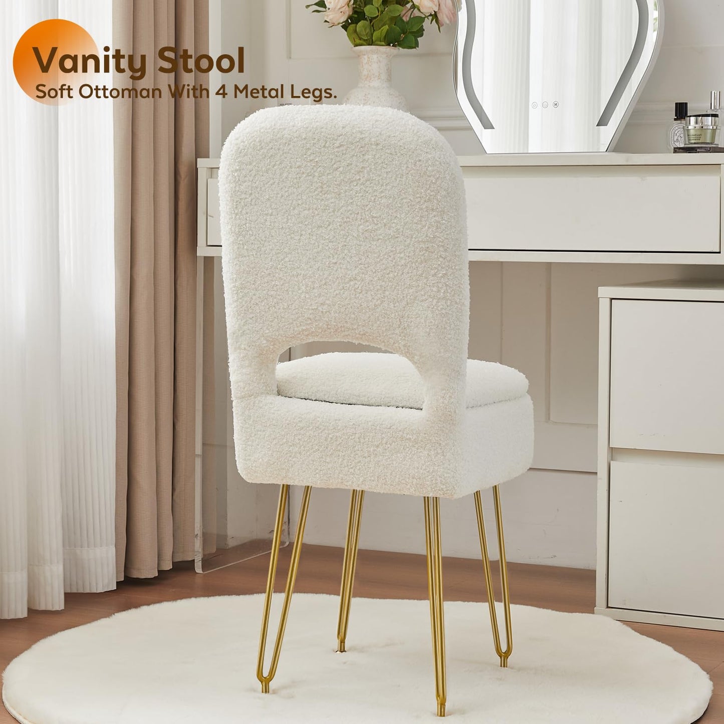 BRIAN & DANY Vanity Chair with Storage and Folding Back, Teddy Velvet Square Storage Chair, Vanity Stool Chair with 4 Metal Legs for Bedroom, Living Room and Makeup Stations, 13.4"x 15"x 30", White