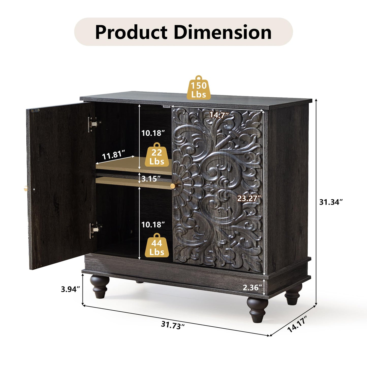 weselon Accent Cabinet Set of 2, Classic Carved Buffet Cabinet Storage Sideboard with Adjustable Shelves, Entryway Table for Living Room (Antique Black-Brown)