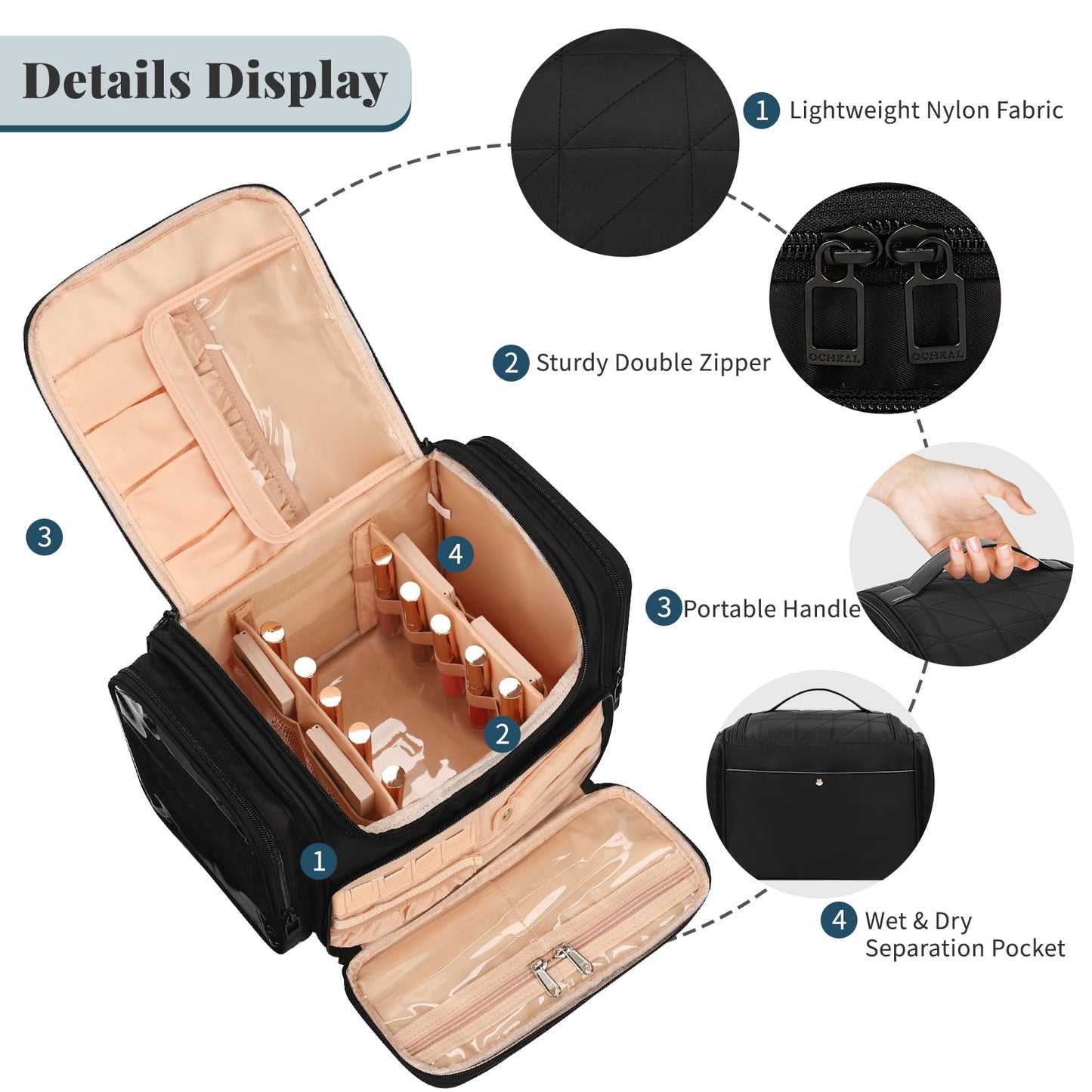 Large Makeup Bag with Jewelry Organizer, Travel Toiletry Bag for Women Girls with Makeup Brush Compartment & Two Side Pockets - XL Black
