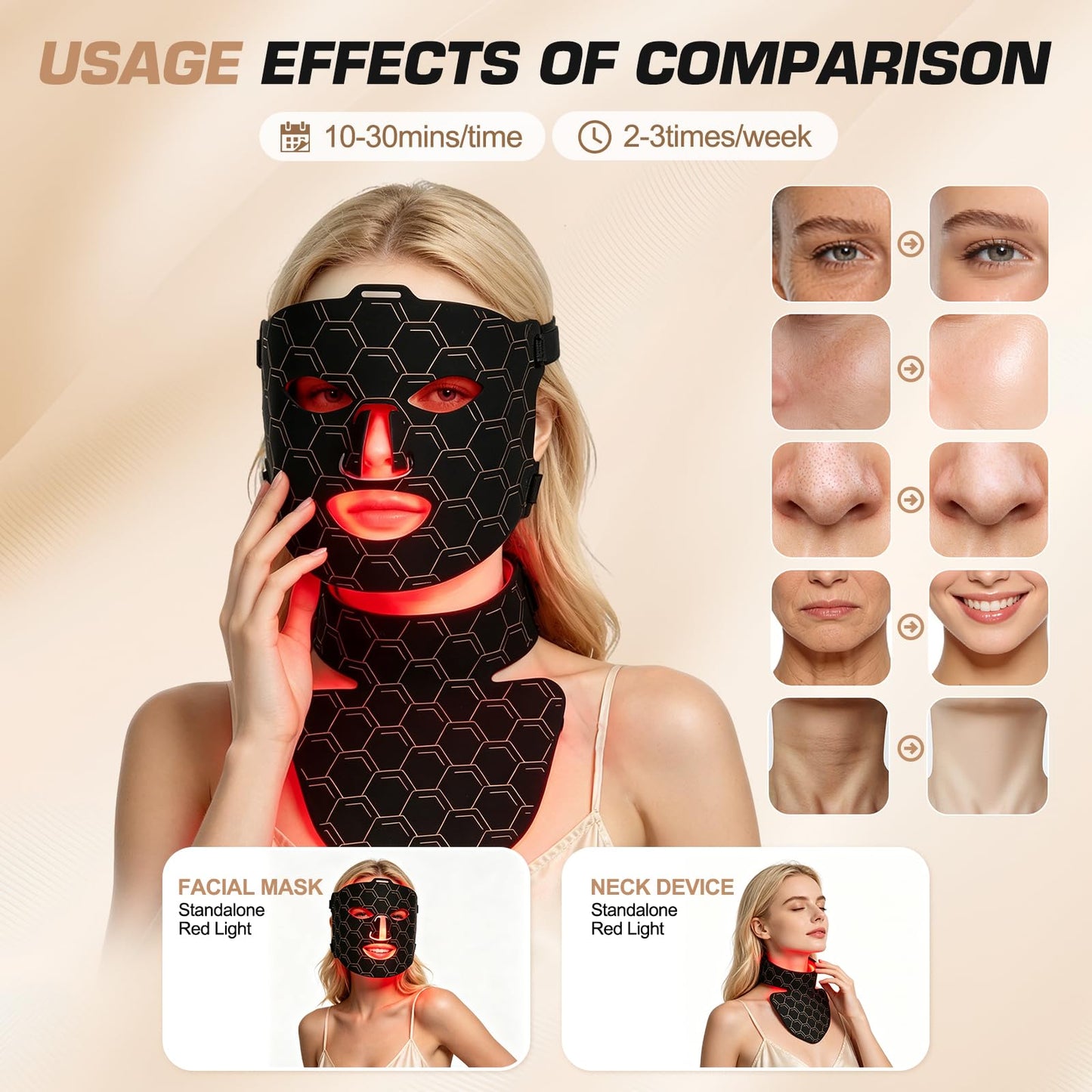 SAEWTINOR Red Light Therapy for Face and Neck Mask,160 LED Beads Silicone Facial Light Therapy,Rechargeable Portable LED Skincare Mask with Remote Control,Timer & 3 Adjustable Brightness