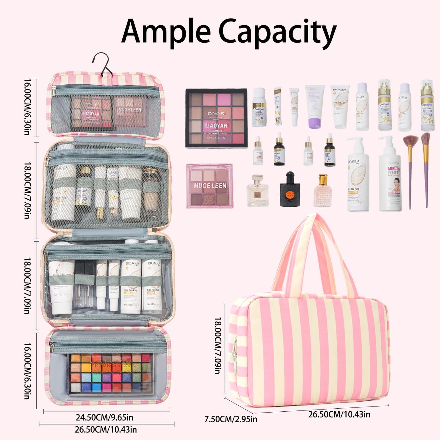 Apxouans Toiletry Bag for Women Travel Water-resistant Cosmetic Bag Fashion Stripes Makeup Bag with Hanging Hook Preppy for Store Toiletries Cosmetic Accessories Medium Pink