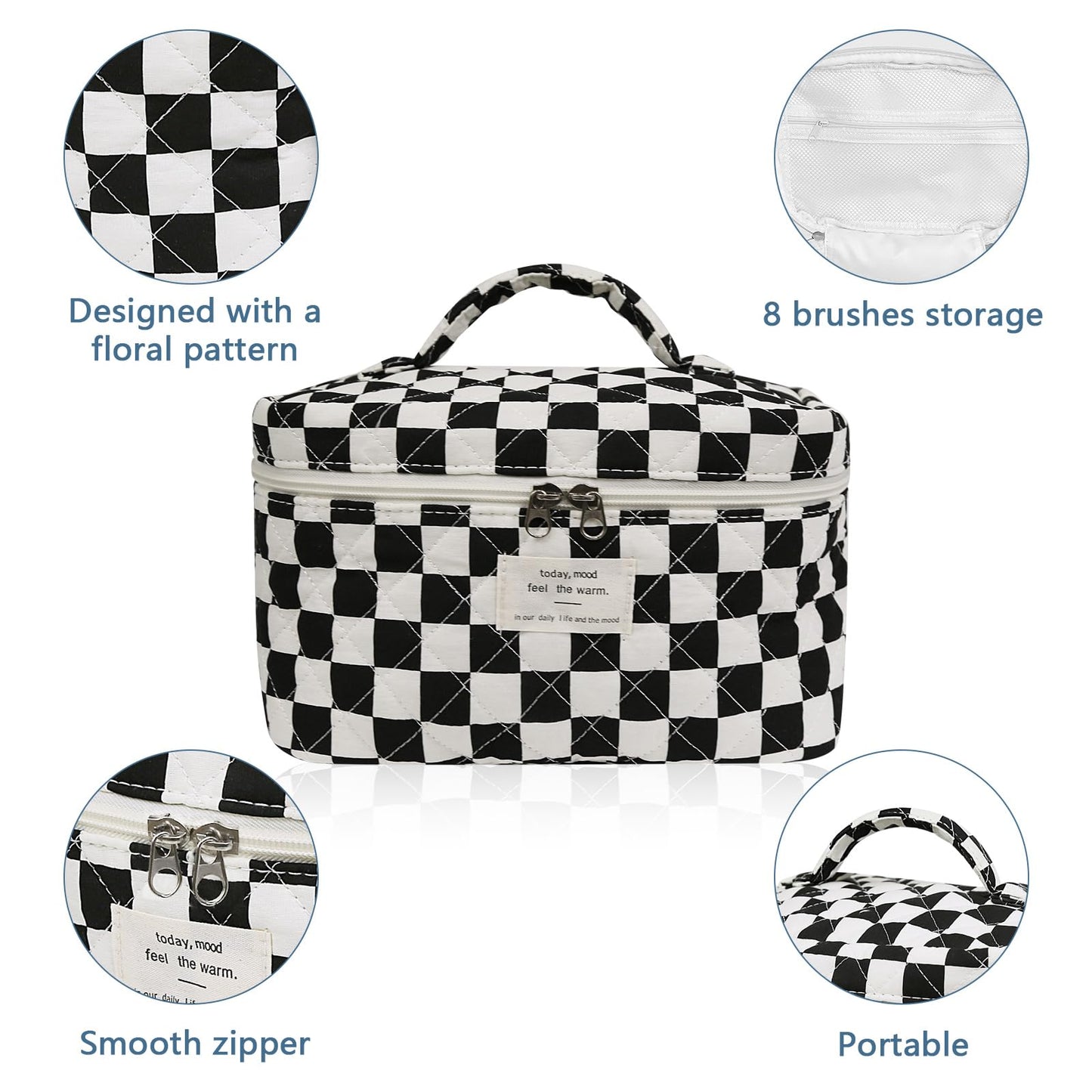 Gosect Large Makeup Bag, Cute Cosmetic Bag for Women Girls, Floral Coquette Aesthetic Toiletry Bag, Travel Make Up Organizer Bag (Black Checkered)