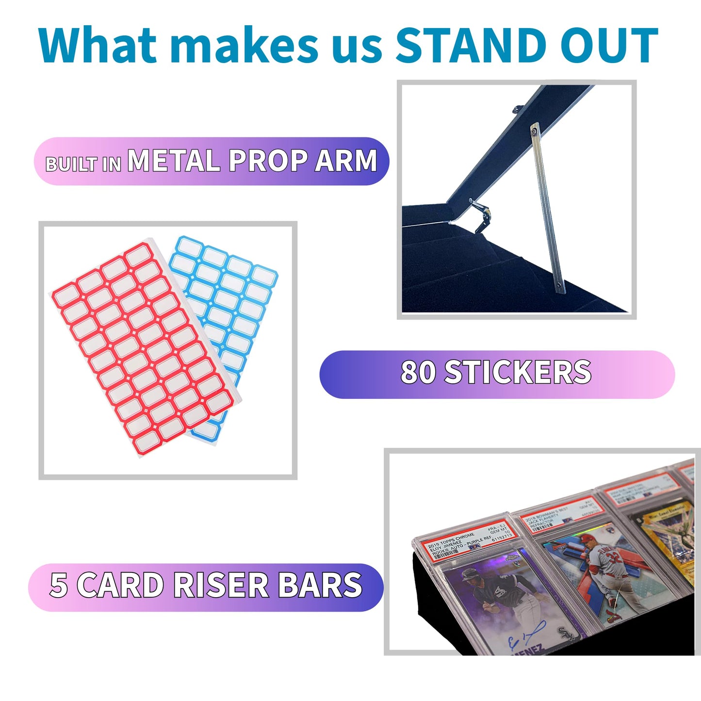 Professional Large Card Display Case (5 Card Riser Bars, Built-in Prop Rod and 80 Stickers) | 34 x 22 inches | Tabletop TradeShow Display Case for Sports Cards & Trading Cards | Aluminum Frame -Silver