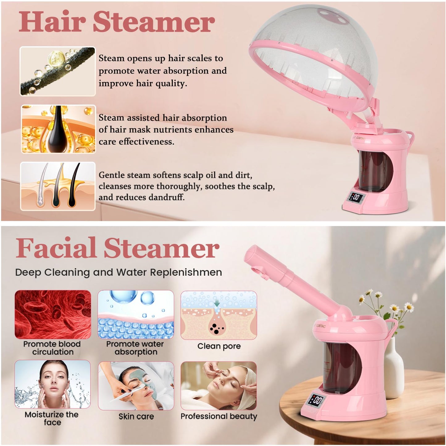 LKT COBTAC Hair Steamer,2 in 1 Hair and Facial Steamer Design for Personal Use at Home or Small Salon Shops