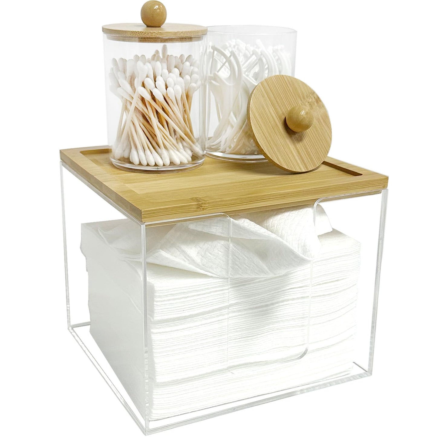 Anlanbor Disposable Face Towels Holder with 2 Qtip Holder Dispenser, Acrylic Facial Towel Container for Clean Face Towel XL, Clear Storage Box with Bamboo Lid for Bathroom, Vanity Counter Organizer