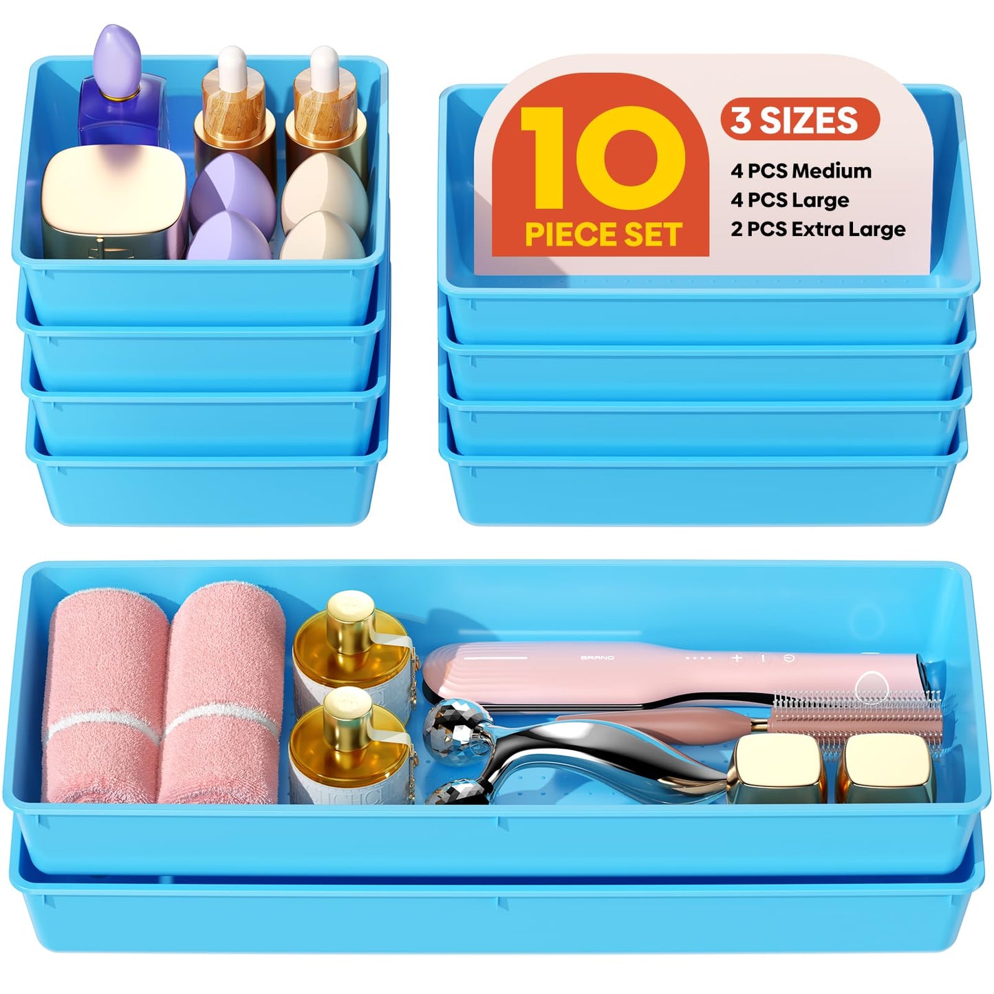 MLIKLU 10 Pack Large Size Plastic Drawer Organizers Set, 3 Sizes Desk Drawer Organizer Trays, Storage Bins for Vanity, Makeup, Bathroom, Kitchen Utensils and Office (Blue)