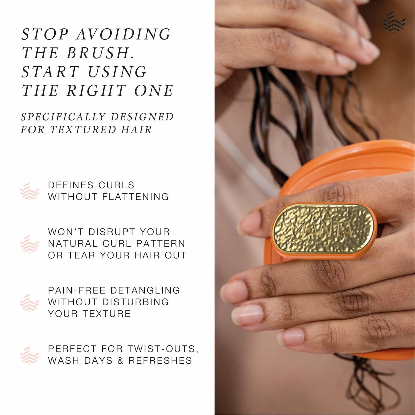 Manta Curls Anti-Breakage Hairbrush – Detangling Brush for Curly & Afro Hair, Gentle Wet & Dry Hairbrush for Women, Orange