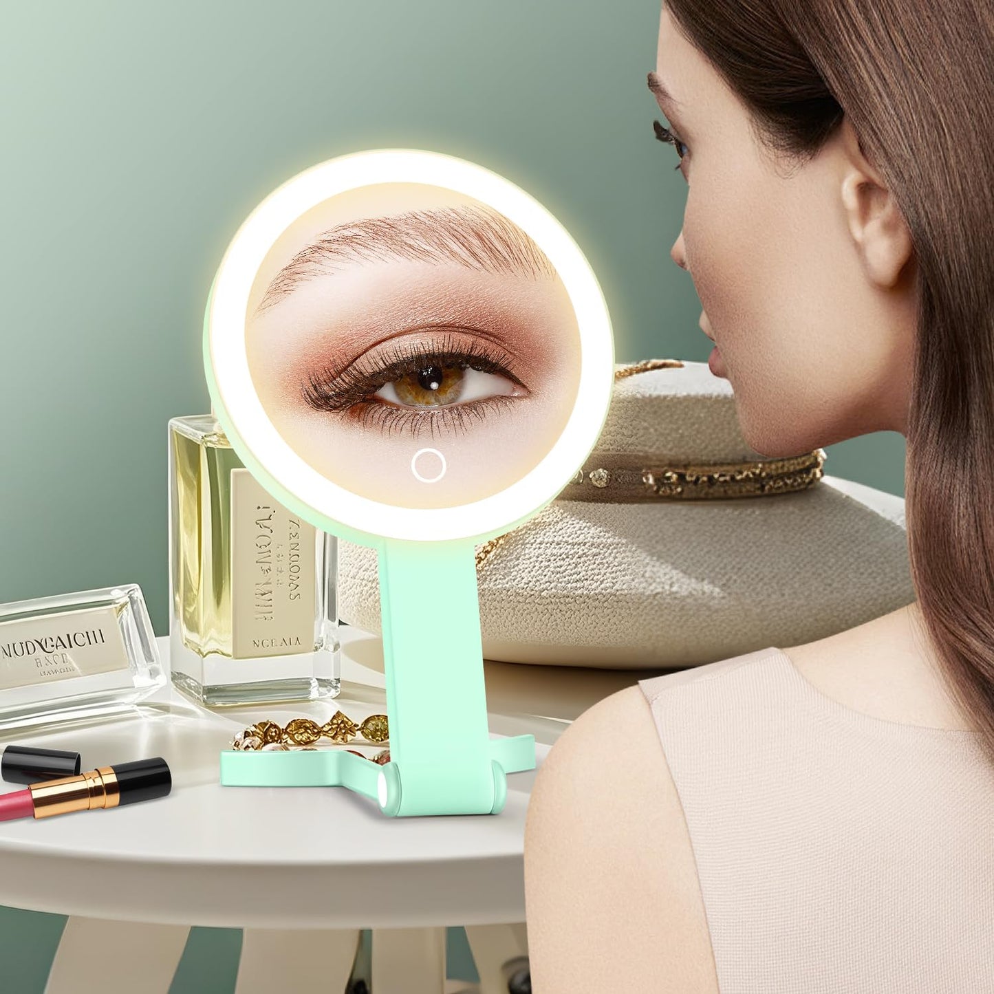 MIYADIVA Lighted Makeup Mirror, 30X Magnifying Mirror with Light, Hanging and Handheld Mirror with Handle, Green