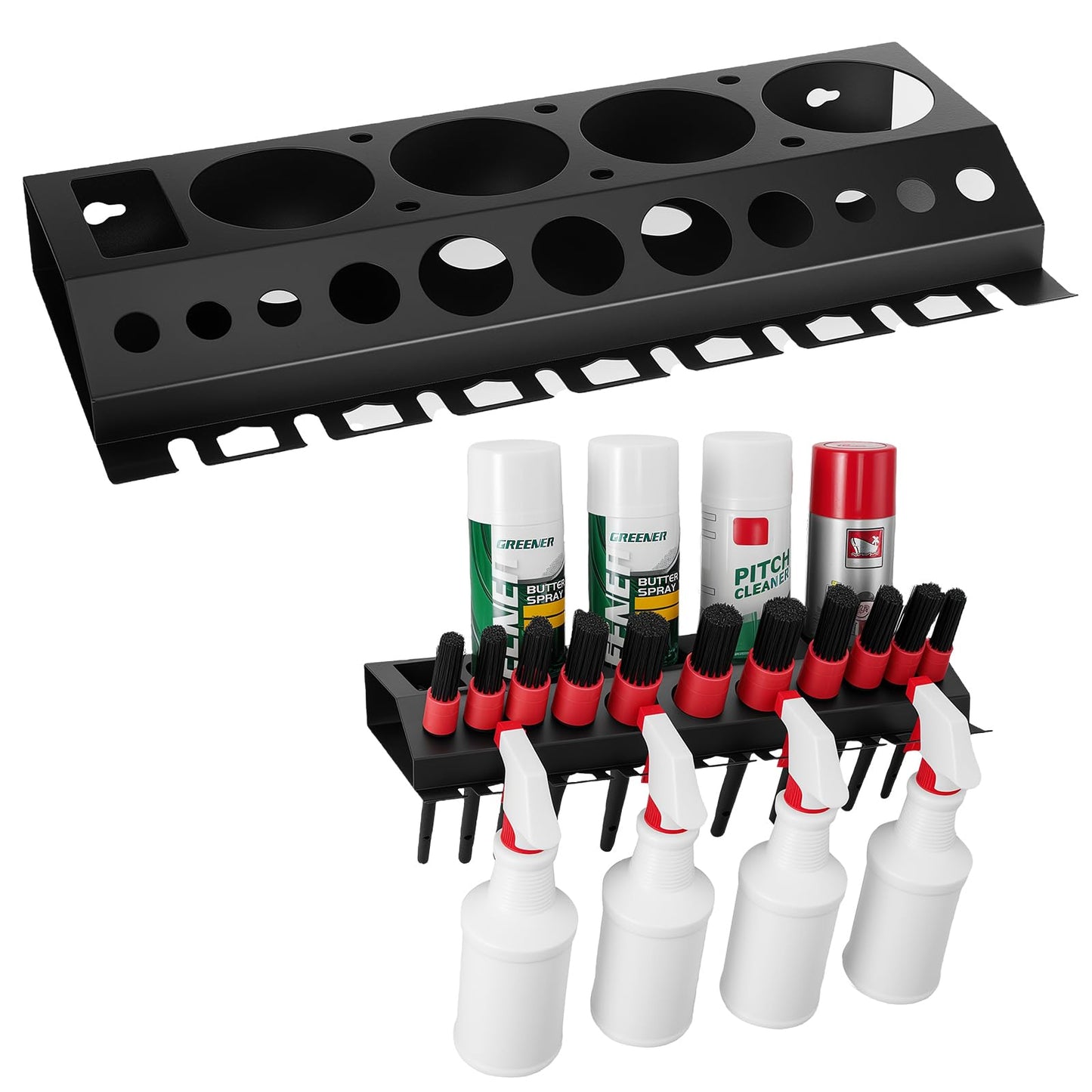 Car Cleaning Brush and Spray Bottle Storage Rack, Wall Mount Bottle Organizer Detailing Brush Organizer Holder，Car Beauty Shop Accessory Display，Spray Containers Tool for Auto Repair Shops Garages