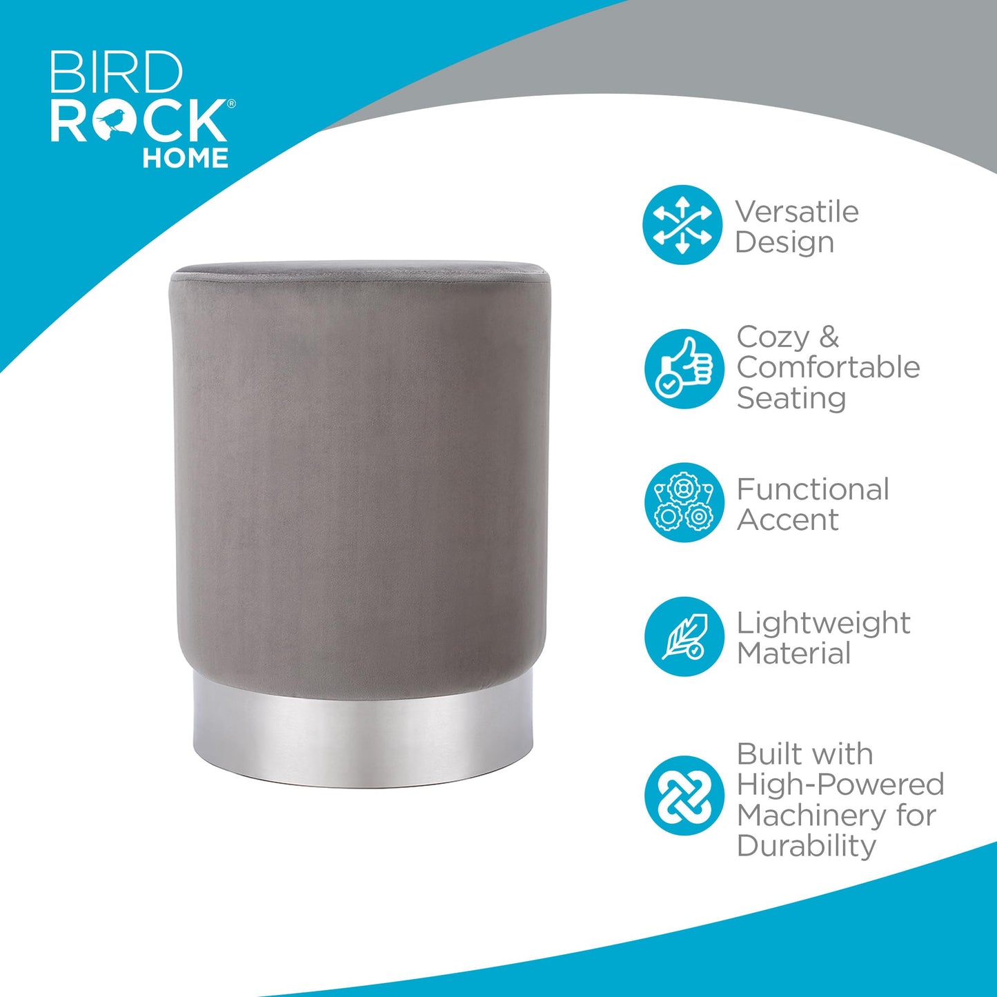 BIRDROCK HOME Round Ottoman Foot Stool – Modern Soft Padded Velvet Vanity Chair with Silver Metal Trim – Accent Chair or Foot Rest for Living Room, Bedroom, or Dressing Room (Gray)