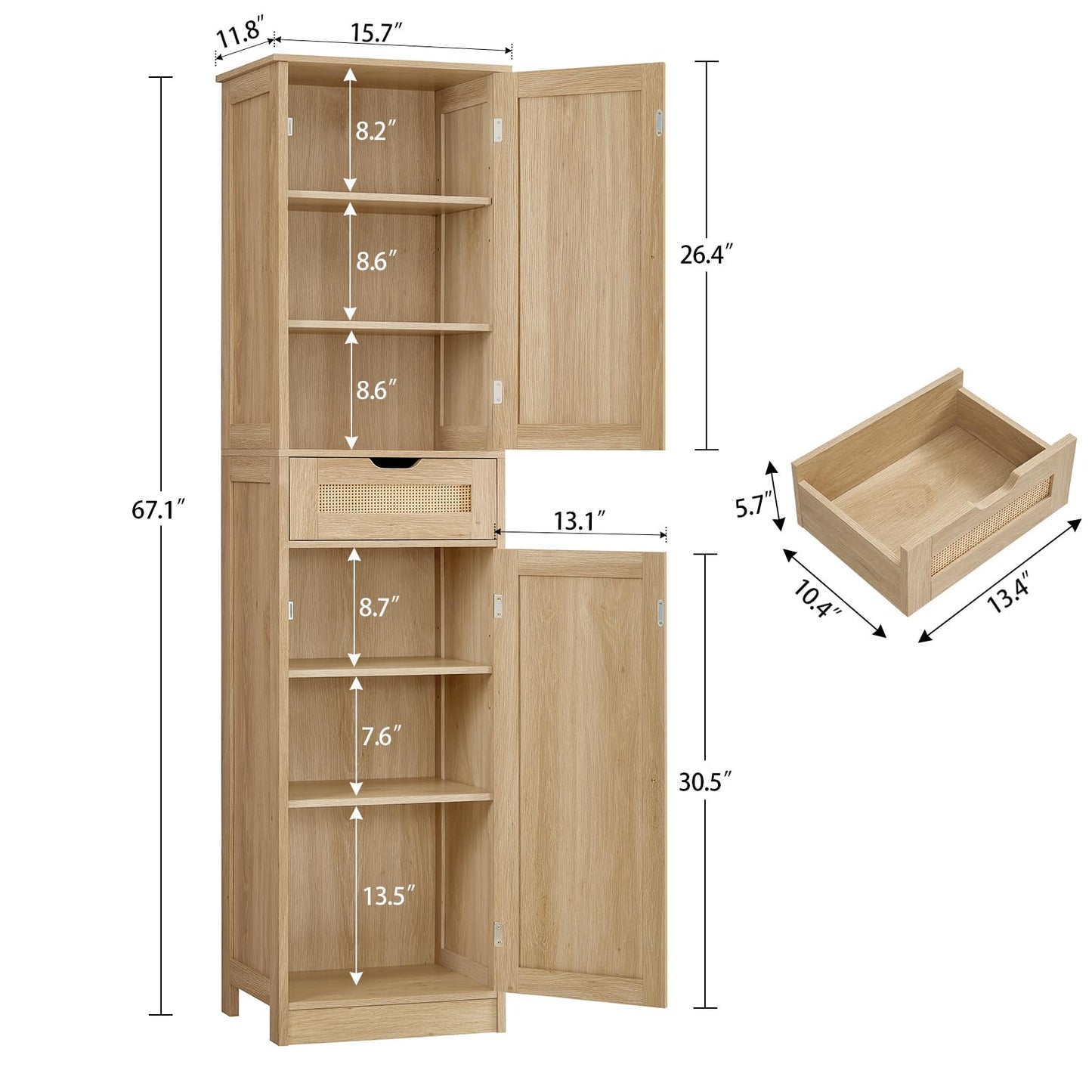 TEENFON 67" H Tall Storage Cabinet with 2 Rattan Doors and 1 Drawer, Narrow Rattan Cabinet with Adjustable Shelves, for Living Room, Entryway, Kitchen, Natural