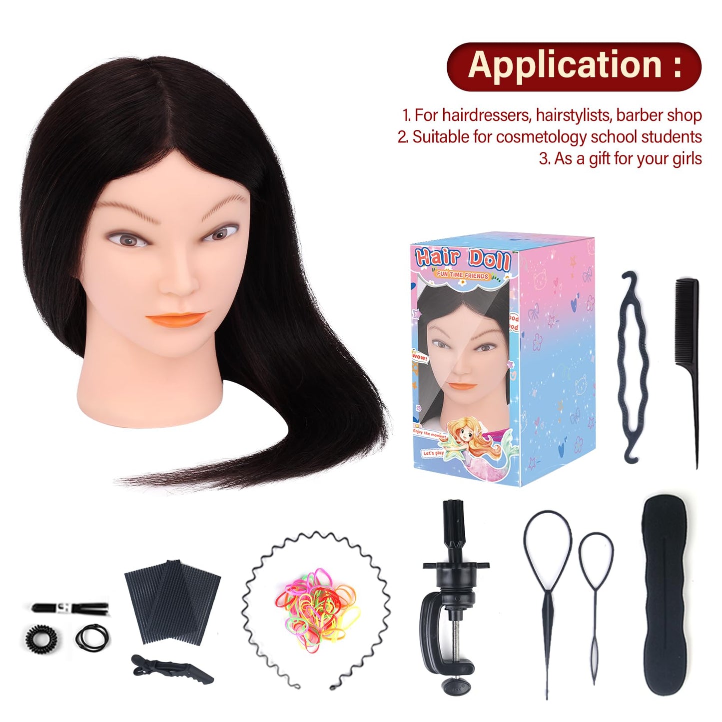Mannequin Head with 100% Human Real Hair, Cenoz 18" Hairdresser Cosmetology Training Head with Stand and Tool, Manikin Training Practice Head, Doll Head for Hair Styling （Black）