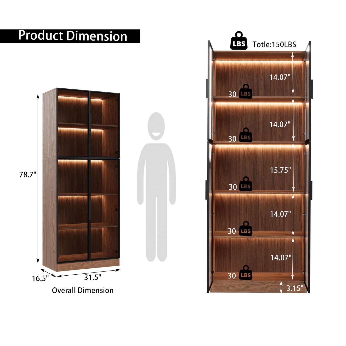 Bobve 78.7" Display Cabinet with 4 Glass Doors,5 -Tier Storage Cabinet with APP Control LED Lights,Tall Walnut Bookcase with Storage,Wooden Display Case for Collectible,Living Room,Office (Walnut)