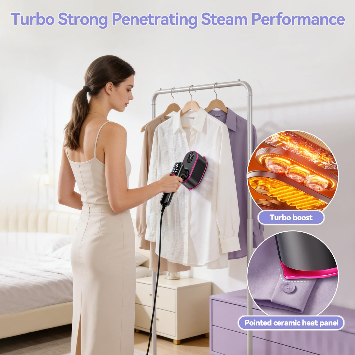 Travel Steamer for Clothes, 2-in-1 Clothes Steamer Handheld & 4 Modes LCD Display Portable Steam Iron, Hand Steamer for Clothes 1200W 15S Fast Heat-up 180ml Tank for 20Min Garment Steamer, 100-120V