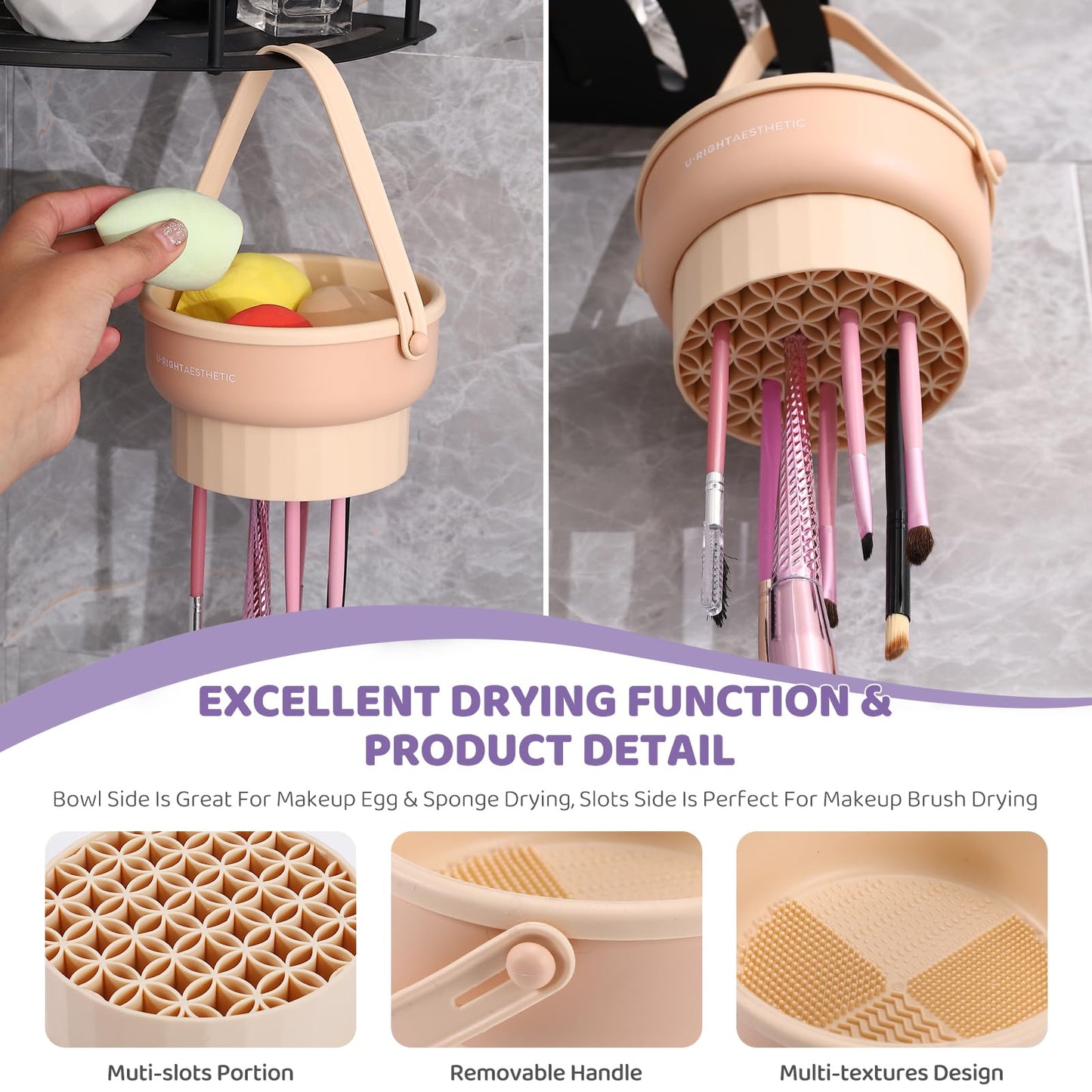 GOLIKEE 2 Pack Makeup Brush Cleaner Mat 3 in 1 Silicone Makeup Brush Cleaning Bowl Makeup Brush Sponge Scrubber Tool for Cleaning, Storage and Upside Down Drying, （Two Khaki）