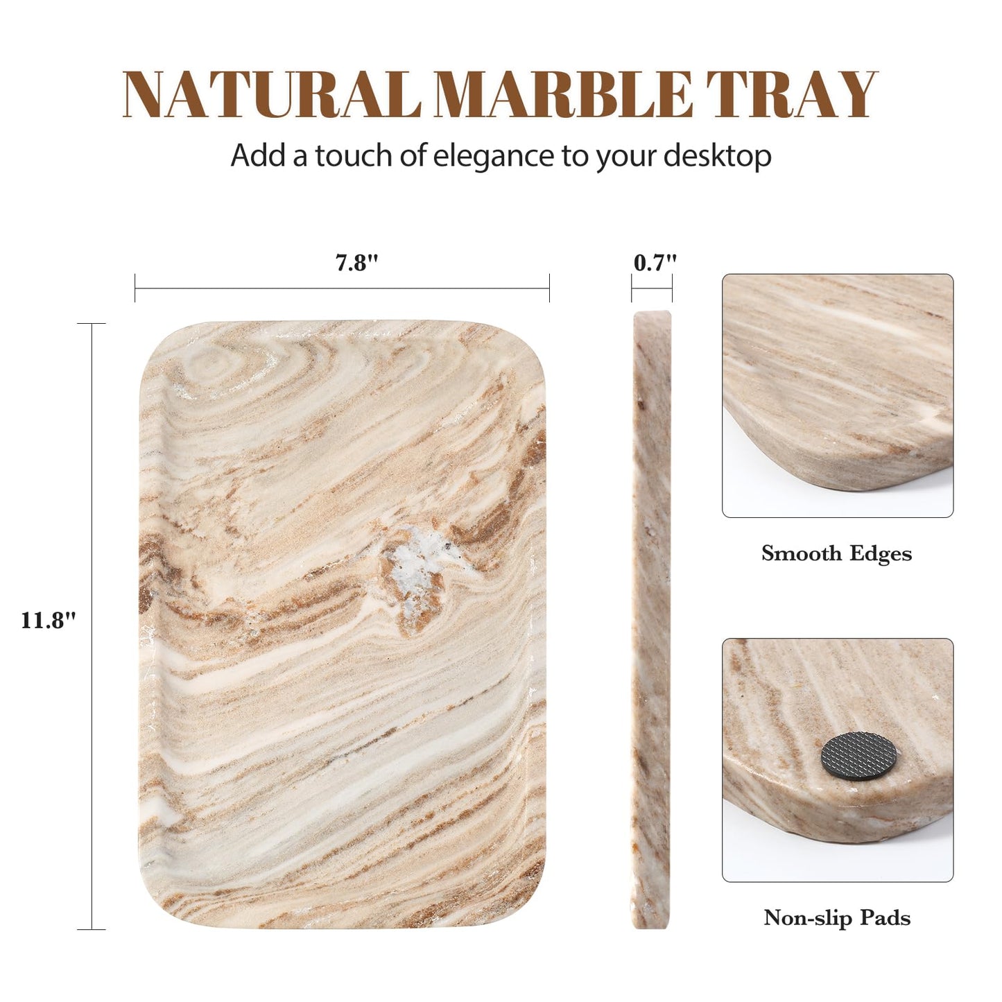 Koville Marble Tray, 12"x8" Natural Marble Vanity Tray for Countertop Bathroom Kitchen Dresser, Decorative Catchall Trays for Perfume Jewelry, Rectangular Stone Serving Tray（Palissandro）