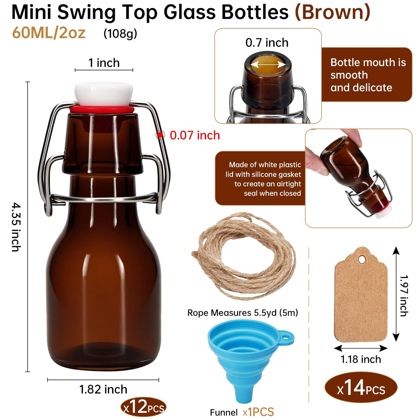eispap 12Pcs 2 oz Amber Mini Swing Top Glass Bottles with Stoppers Small Flip Top Bottles with Airtight Lids for Crafts Decoration Wedding Themed Party Favors (12)