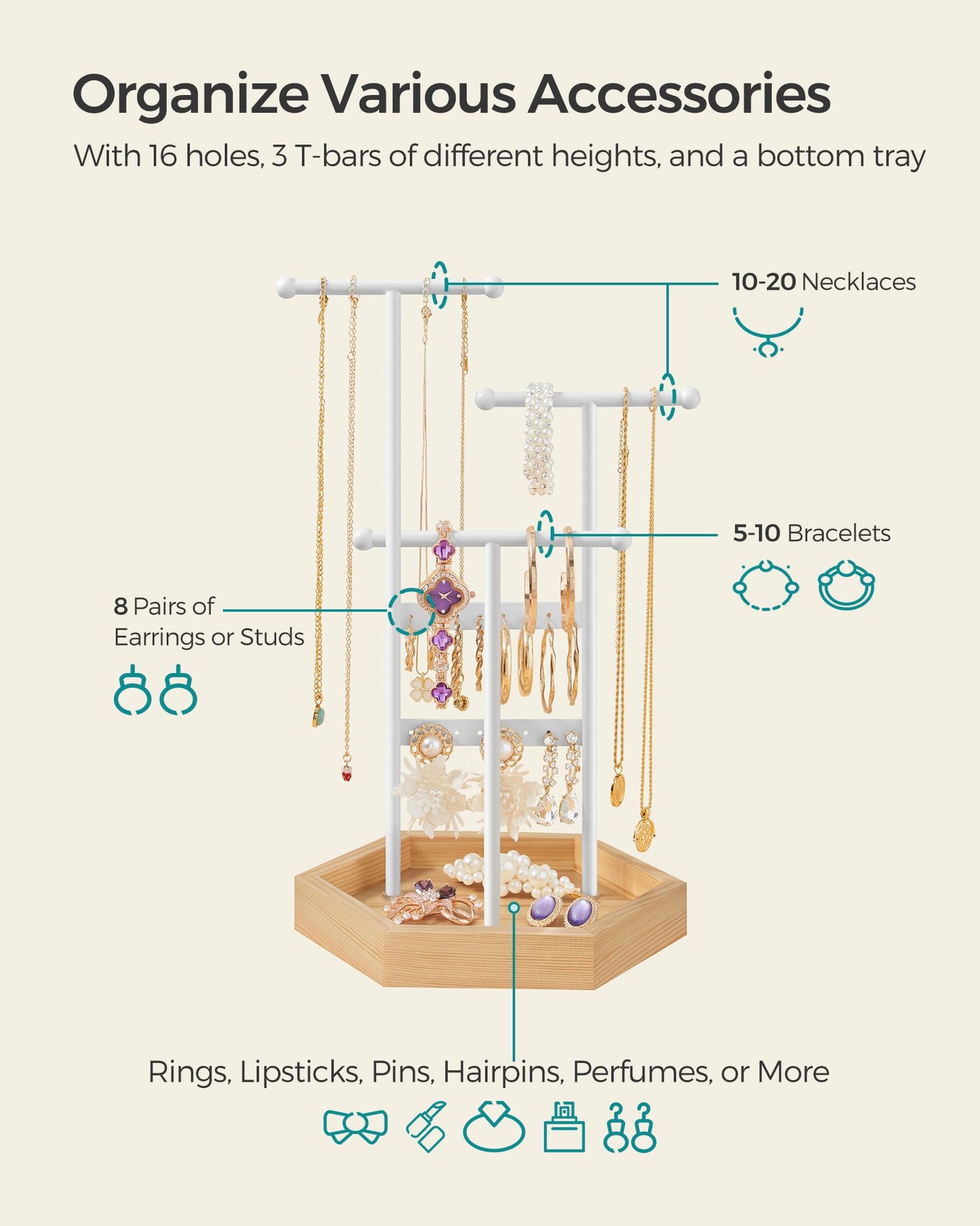 SONGMICS Jewelry Holder, Jewelry Organizer, 3 Tiers and 1 Tray, Jewelry Display Stand with Metal Frame, Necklace Earring Bracelet Holder, for Rings, Matte White and Natural Beige UJJS03NW