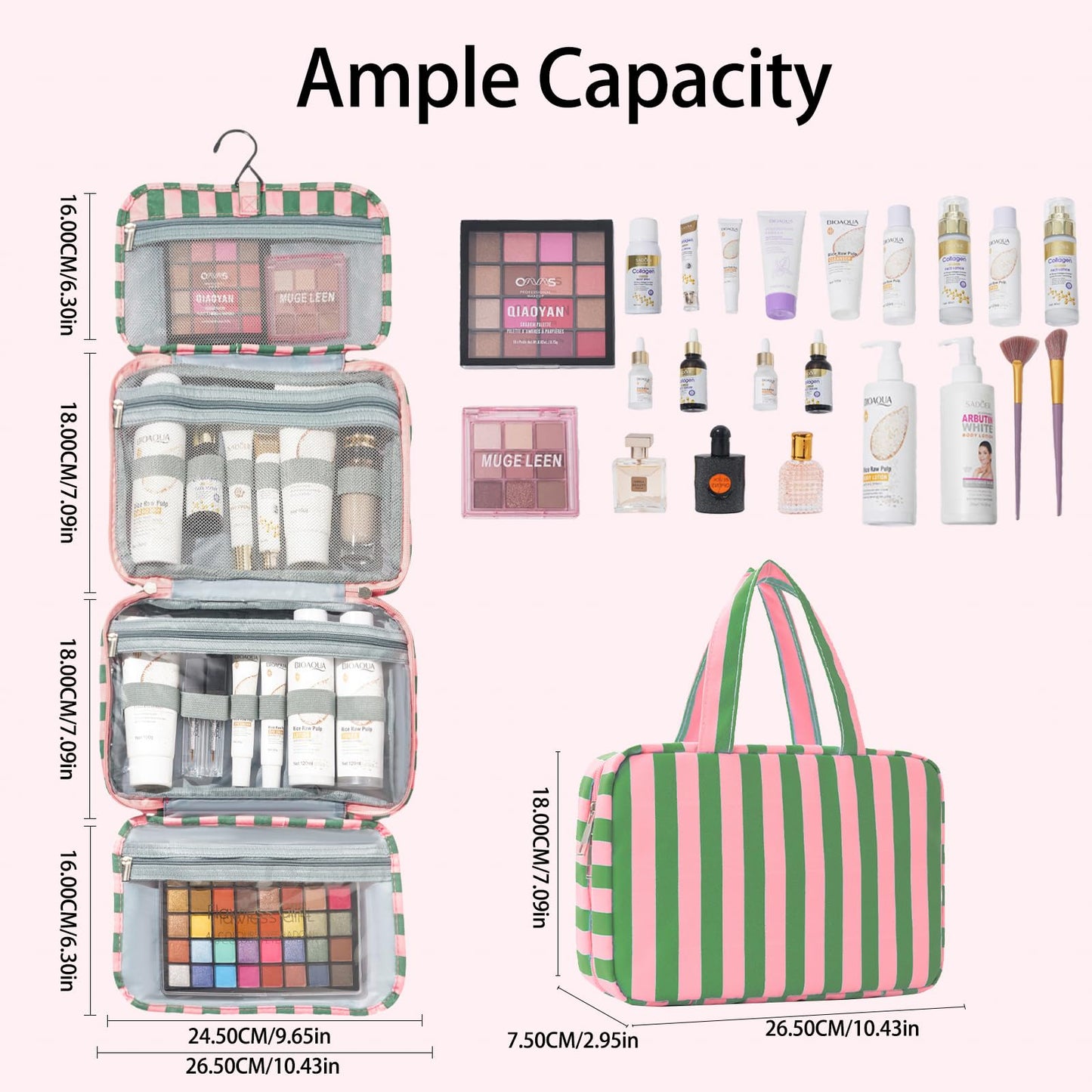 Apxouans Toiletry Bag for Women Travel Water-resistant Cosmetic Bag Fashion Stripes Makeup Bag with Hanging Hook Preppy for Store Toiletries Cosmetic Accessories Medium Green
