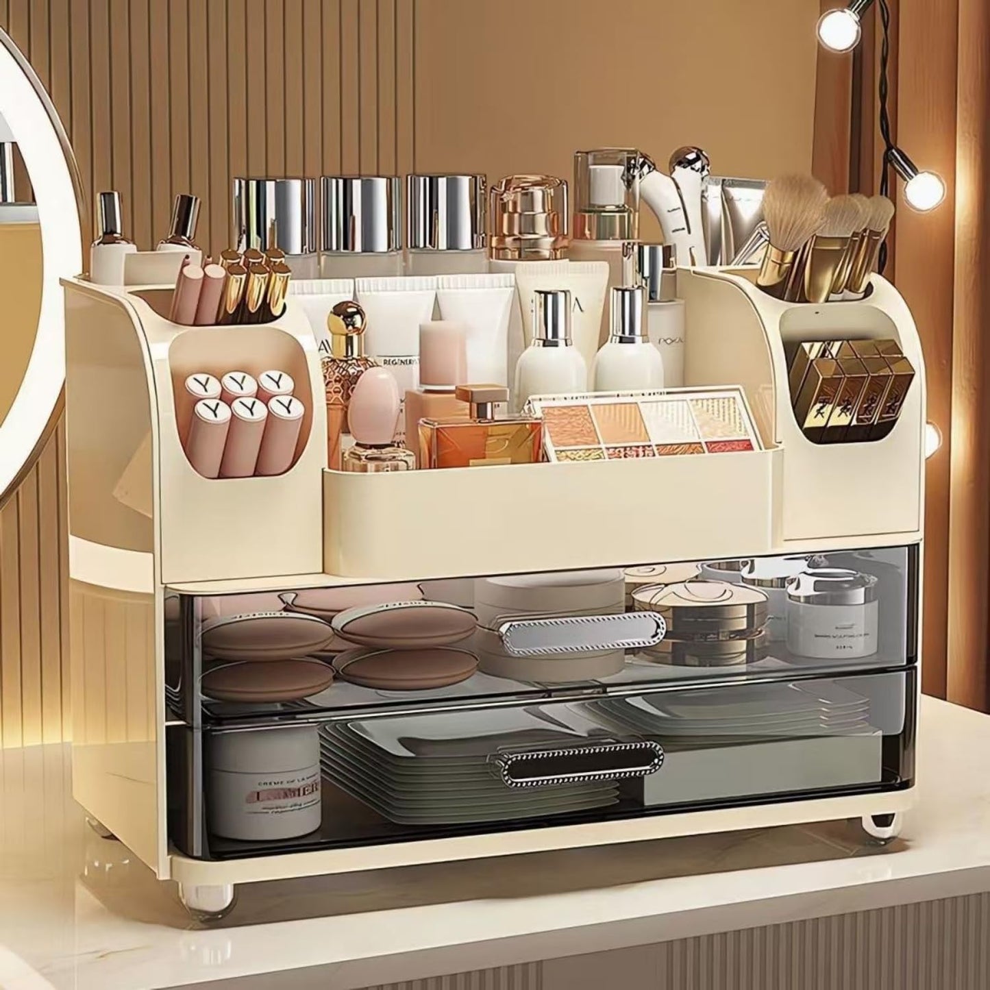 Makeup Organizer with Drawers for Vanity,Bathroom Countertop Organizer with Brushes Holder,Skincare Storage Organizer,Perfect Cosmetic Display Case for Skincare,Lipstick and Beauty Essential (Cream)