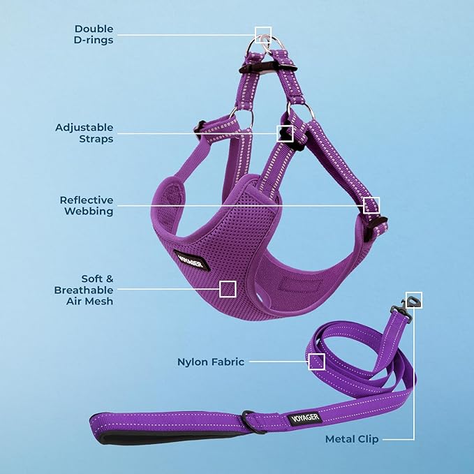Best Pet Supplies Voyager Mesh Dog Breathable Harness Reflective Stitching, All Weather Adjustable for Walking Training, or Running - Heavy Duty & Durable, Harness Leash Set (Purple), XL