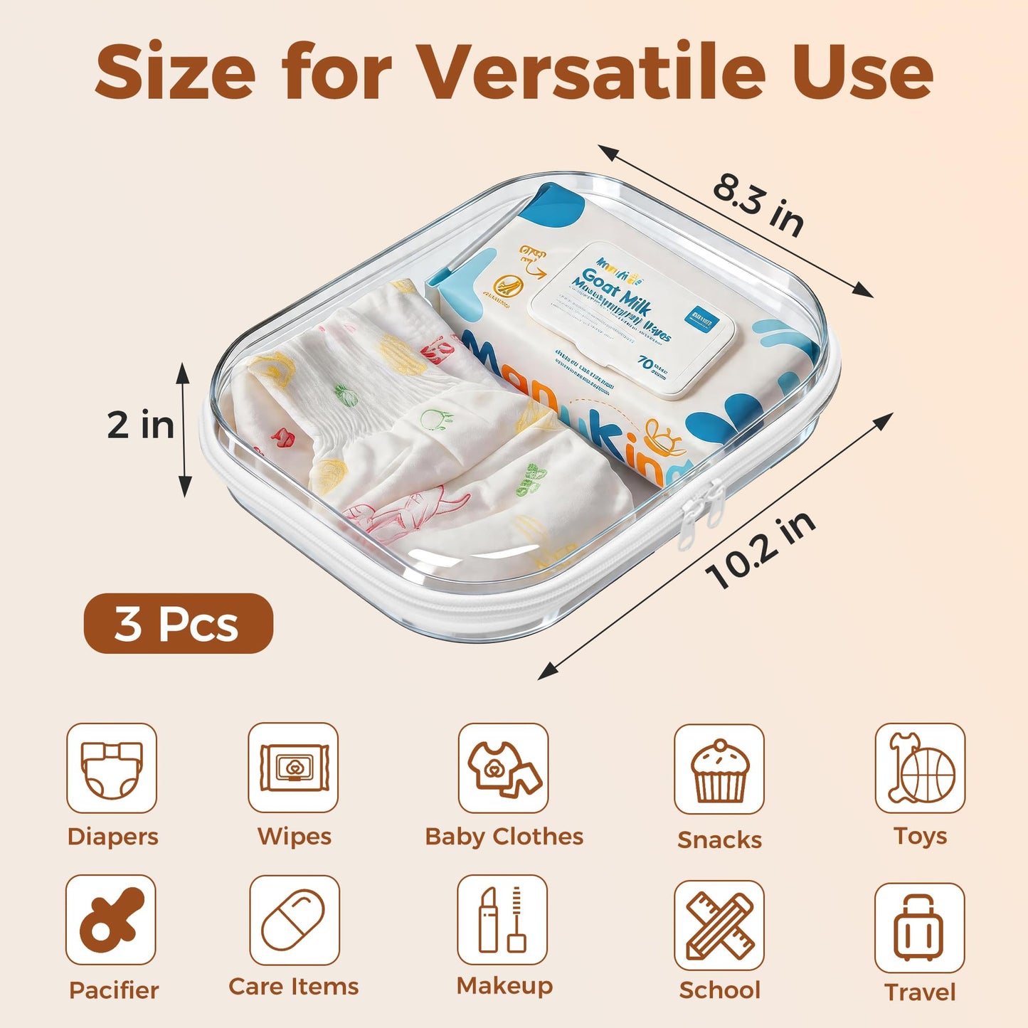 3 Pack Diaper Bag Organizer Pouches, Clear Hard Shell Zipper Cases for Travel, Makeup Bag, Toiletry Bag, Toy Storage Bins, Waterproof Storage Box for Pacifier Snacks Wipes Clothes Baby Essentials