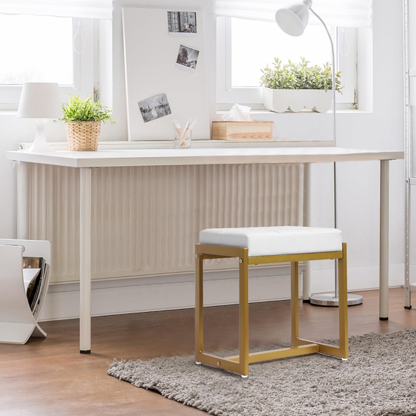 FLYZC Vanity Stool, Vanity Chair Stools for Makeup Room, Faux Leather Small Makeup Bench, Modern Gold Metal Legs Ottoman Foot Rest for Bedroom Living Room, White & Gold