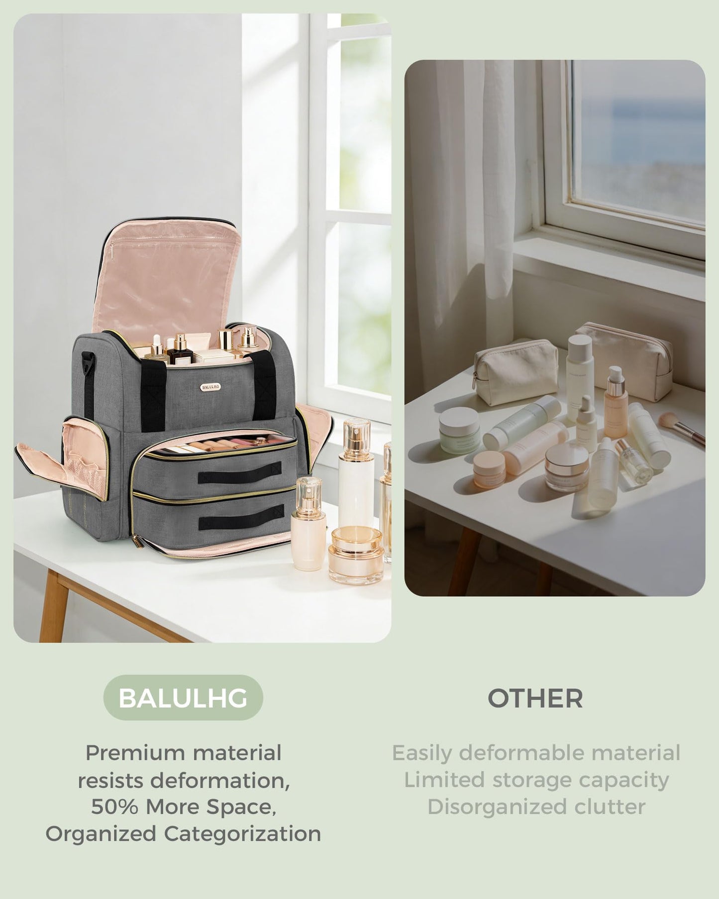 BALULHG Large Travel Makeup Bag with 2 Removable Cases, Cosmetic Bag with Multiple Storage Sections, with Multiple Storage Sections,Double Layer Big Travel Make Up Organizer Case,Travel Toiletry Bag