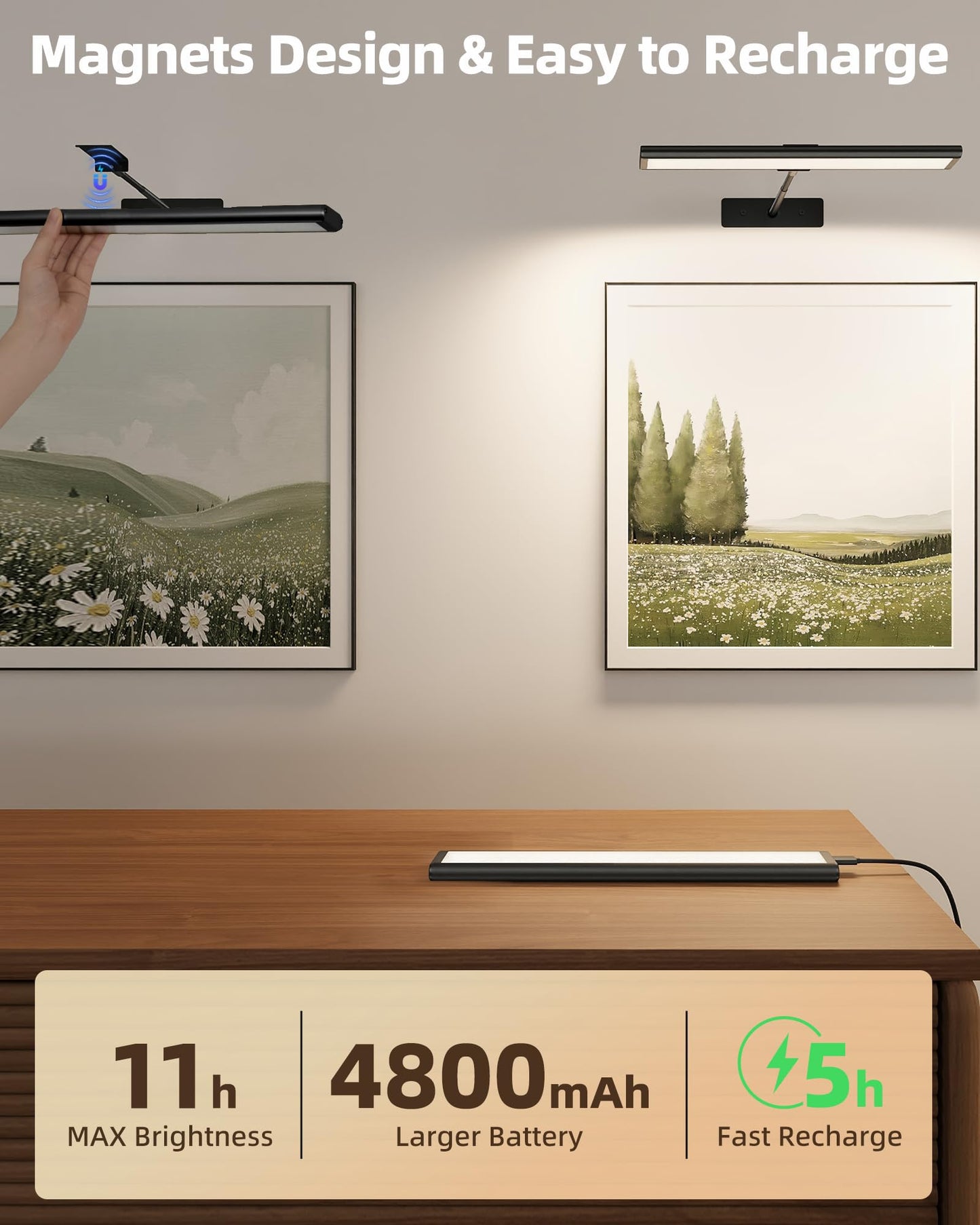 EZVALO Picture Light for Wall, 4800mAh 16'' Rechargeable Wireless IR Remote Built in Battery Lights for Painting, Dimmable Magnetic LED Art Display Light, Colors Temperatures, for Gallery, Living Room