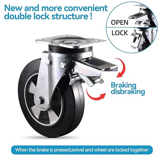 8 inch Casters Set of 4 Super Heavy Duty Plate Casters Swivel Industrial Aluminum Core Elastic Rubber Wheels for Cart Furniture and Workbench Locking Outdoor Dolly Castors Replacement Load 4400Lbs