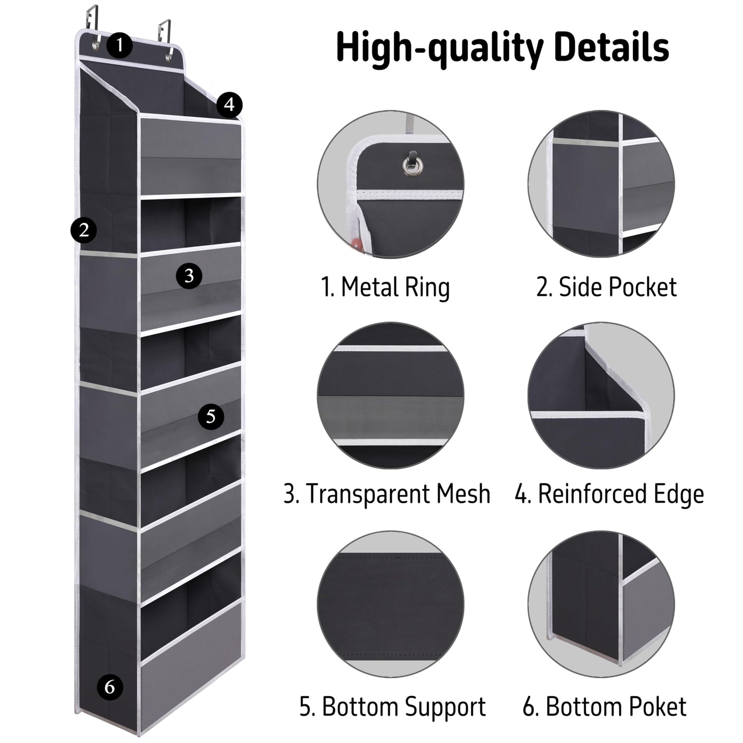 TYMENSH Gray Over Door Organizer with 5 Large Clear Pockets and 6 Side Mesh Pockets, Anti-Tilt Hanging Door Storage for Closet, Bathroom, Bedroom, Dorm, Nursery, Toys