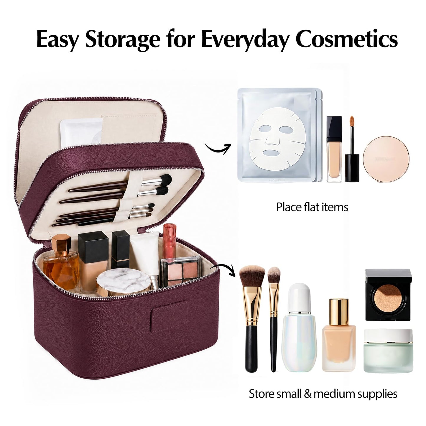 idoltimes Makeup Case,Leather Double Layer Makeup Bag Duo,Large Portable Travel Toiletry Case Cosmetic Organizer for Women